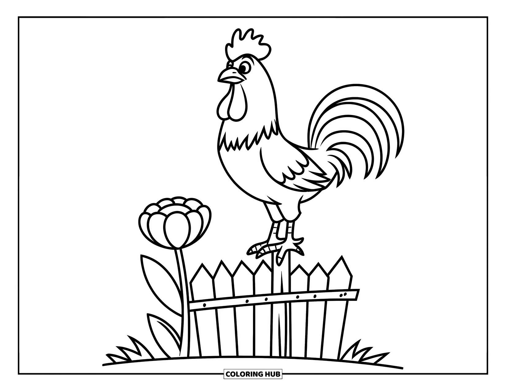 Rooster Coloring Page for Kids: Chunky rooster perches on a thin fence post with a flower at the base