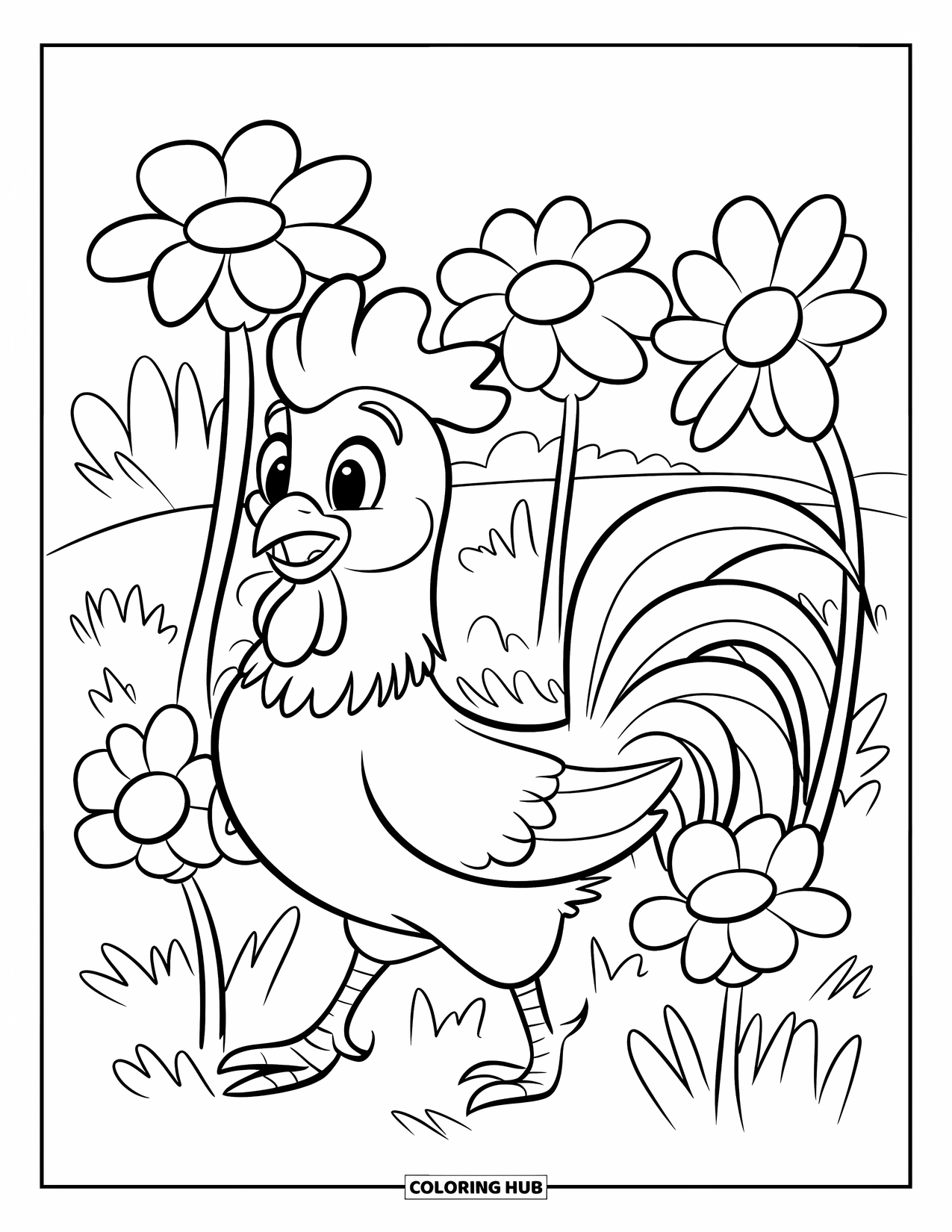 Rooster Coloring Page for Kids: Happy rooster wearing a collar walks through oversized daisies