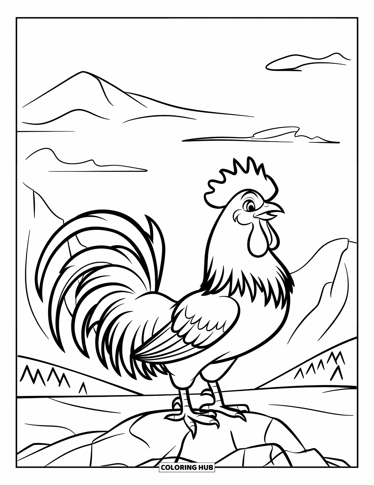 Rooster Coloring Page for Kids: Majestic rooster on a rock with mountains and clouds in the distance