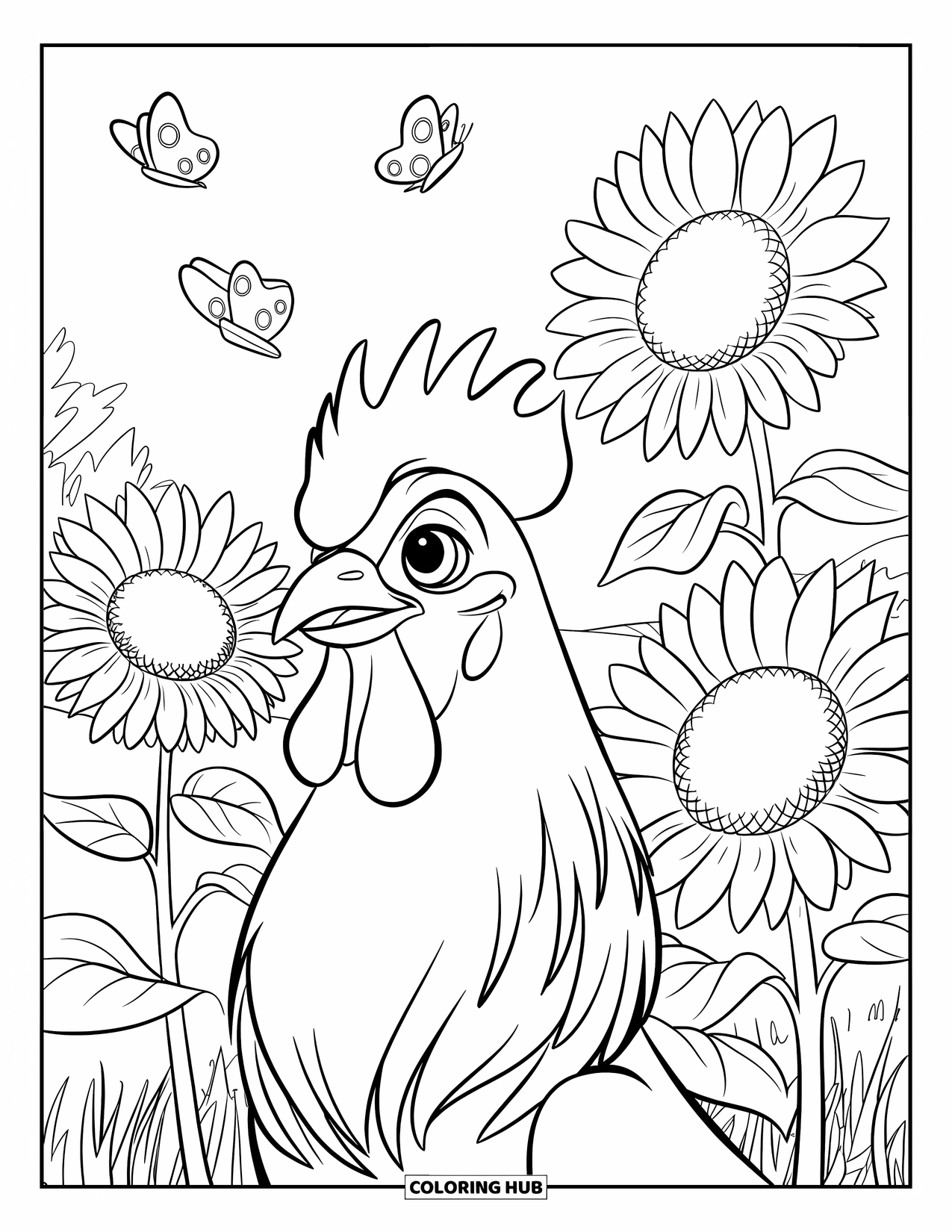 Rooster Coloring Page for Kids: Rooster among tall sunflowers with butterflies fluttering around