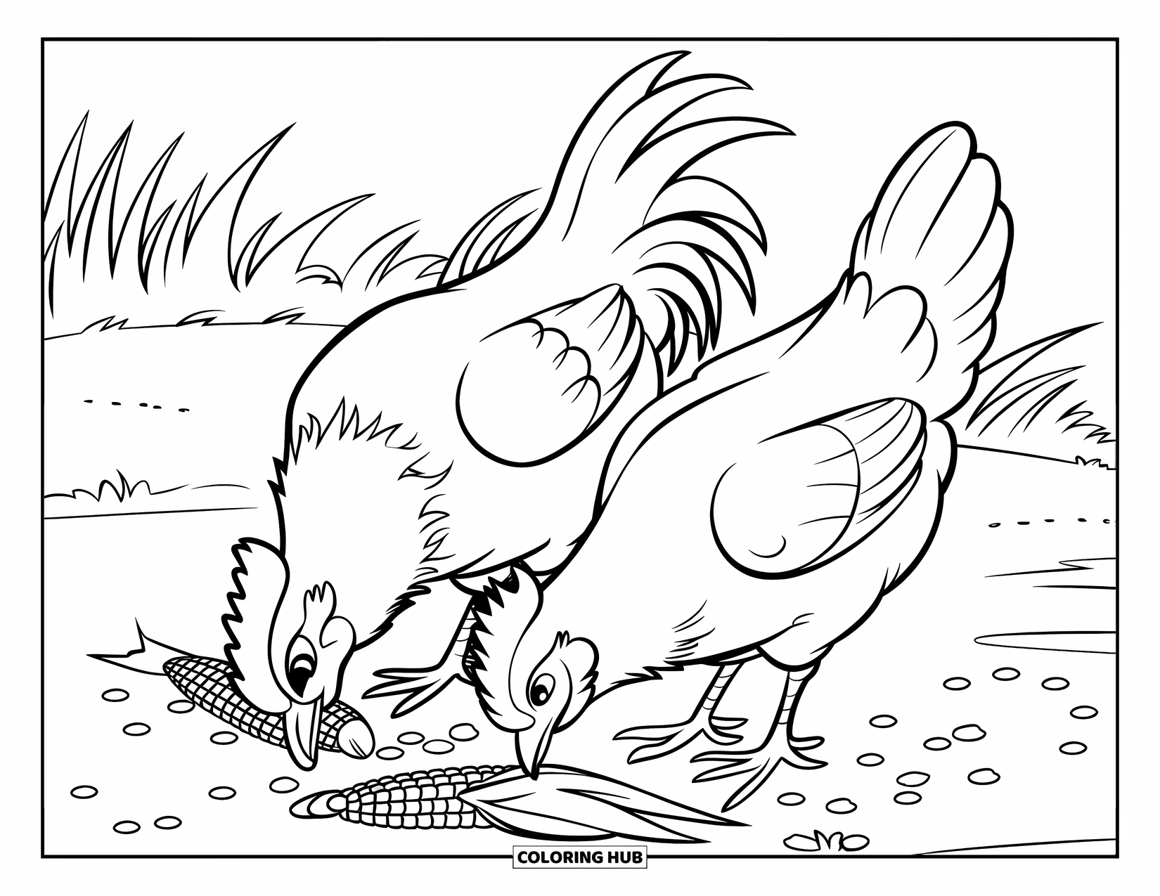 Rooster Coloring Page for Kids: Rooster and hen eat corn in a quiet field