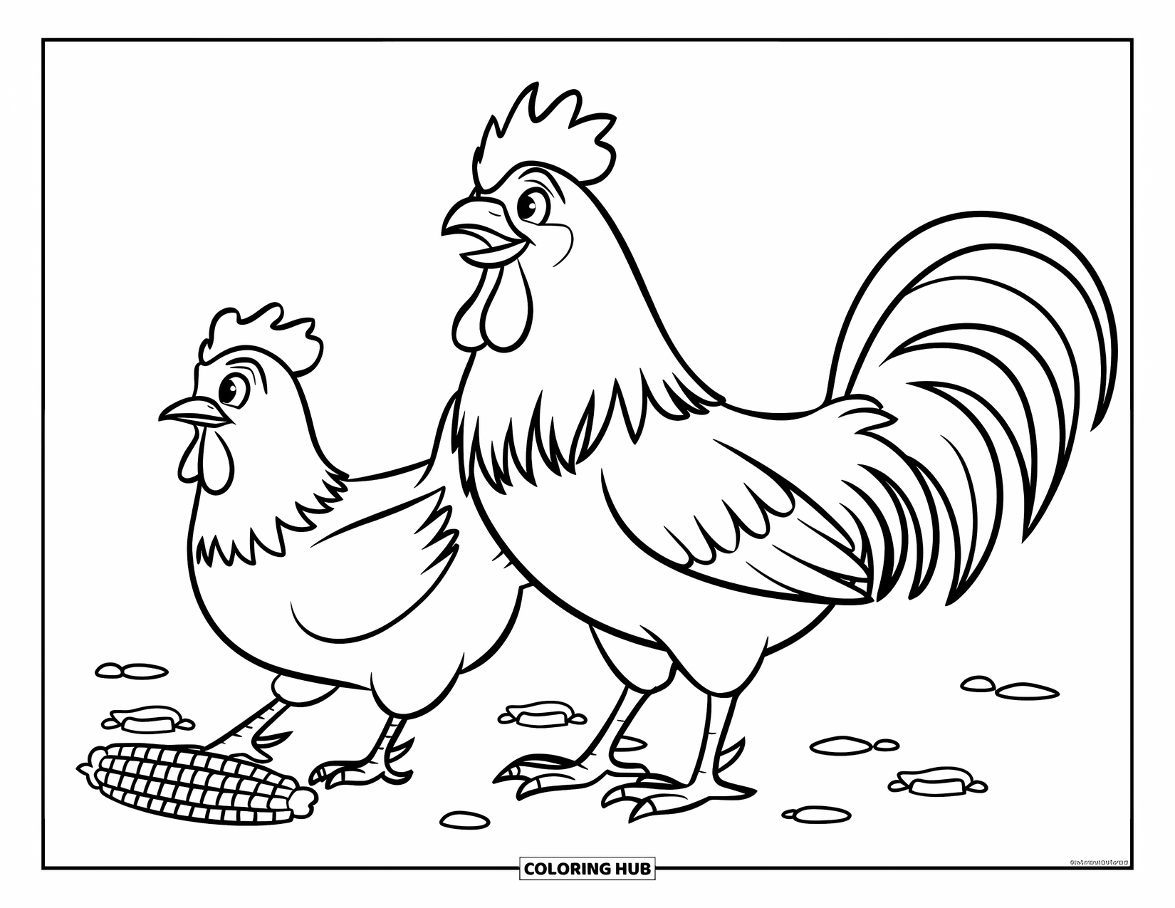 Rooster Coloring Page for Kids: Rooster and hen peck at scattered corn on the ground