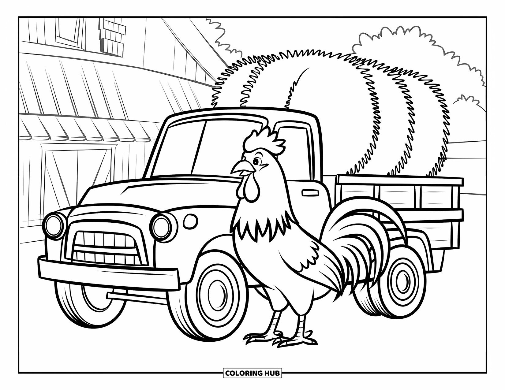 Rooster Coloring Page for Kids: Rooster beside a farm truck loaded with hay in a peaceful countryside
