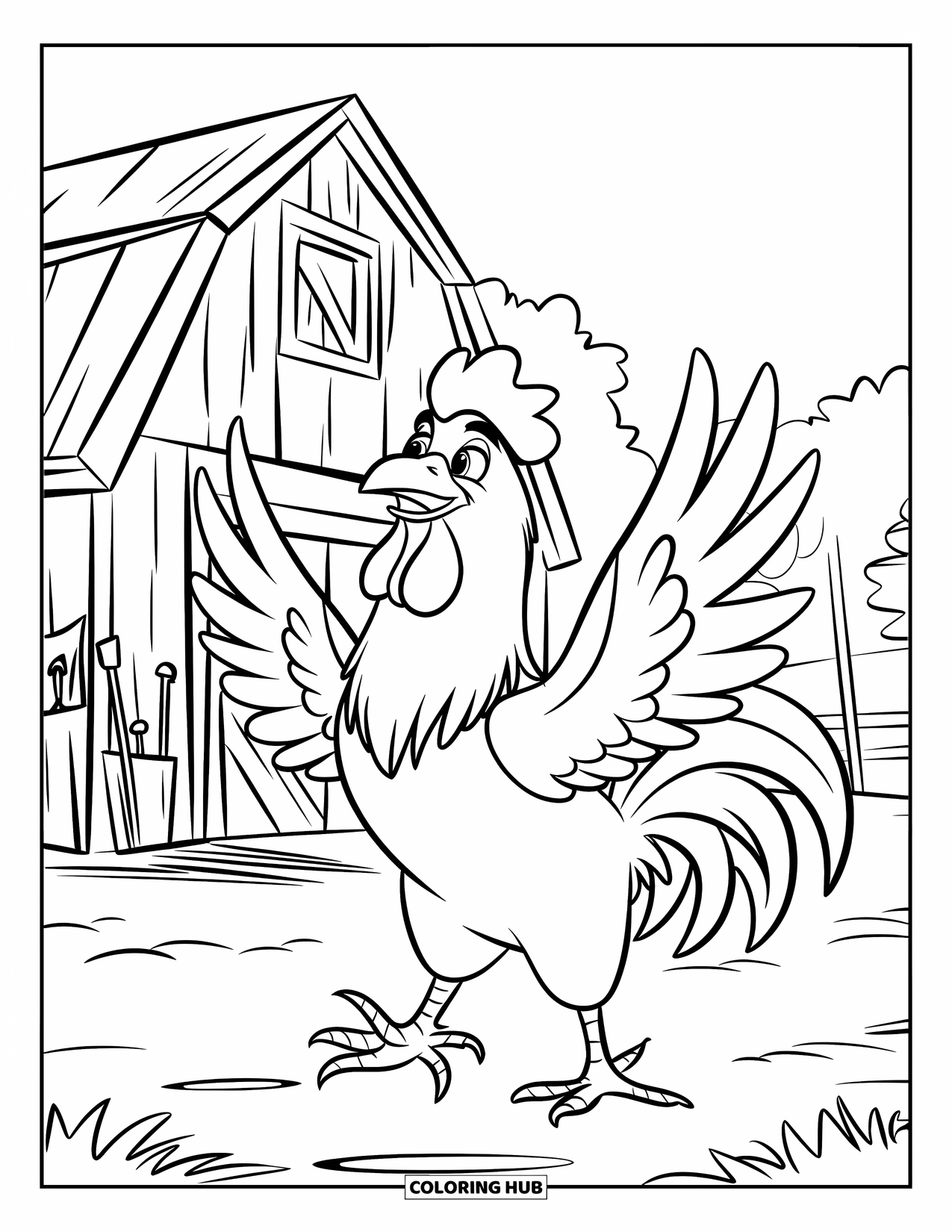 Rooster Coloring Page for Kids: Rooster flaps its wings by a wooden barn and a few scattered tools