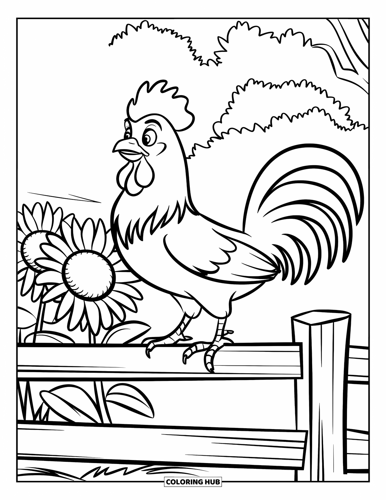 Rooster Coloring Page for Kids: Rooster perched on a wooden fence beside bright sunflowers