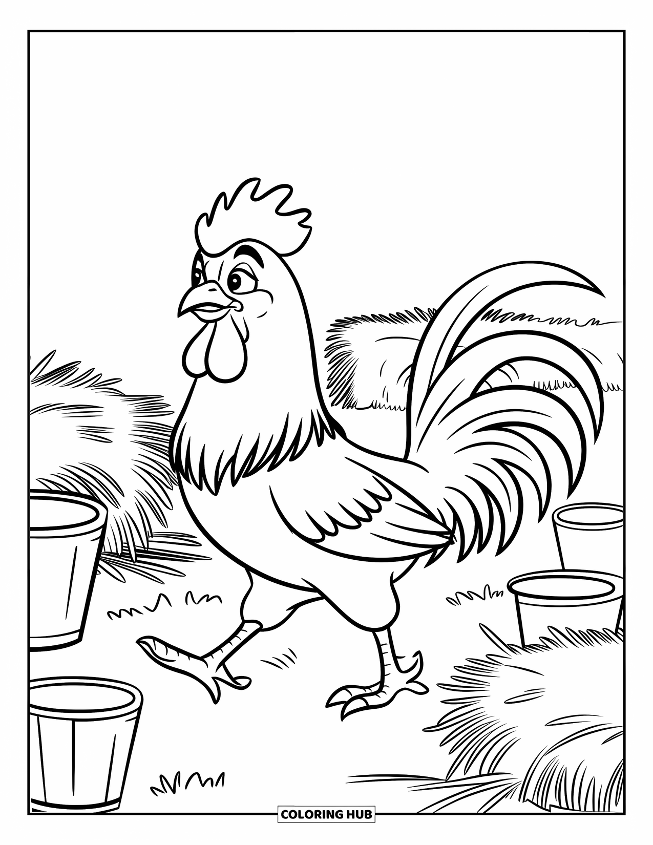 Rooster Coloring Page for Kids: Rooster struts through a barnyard with straw and buckets nearby