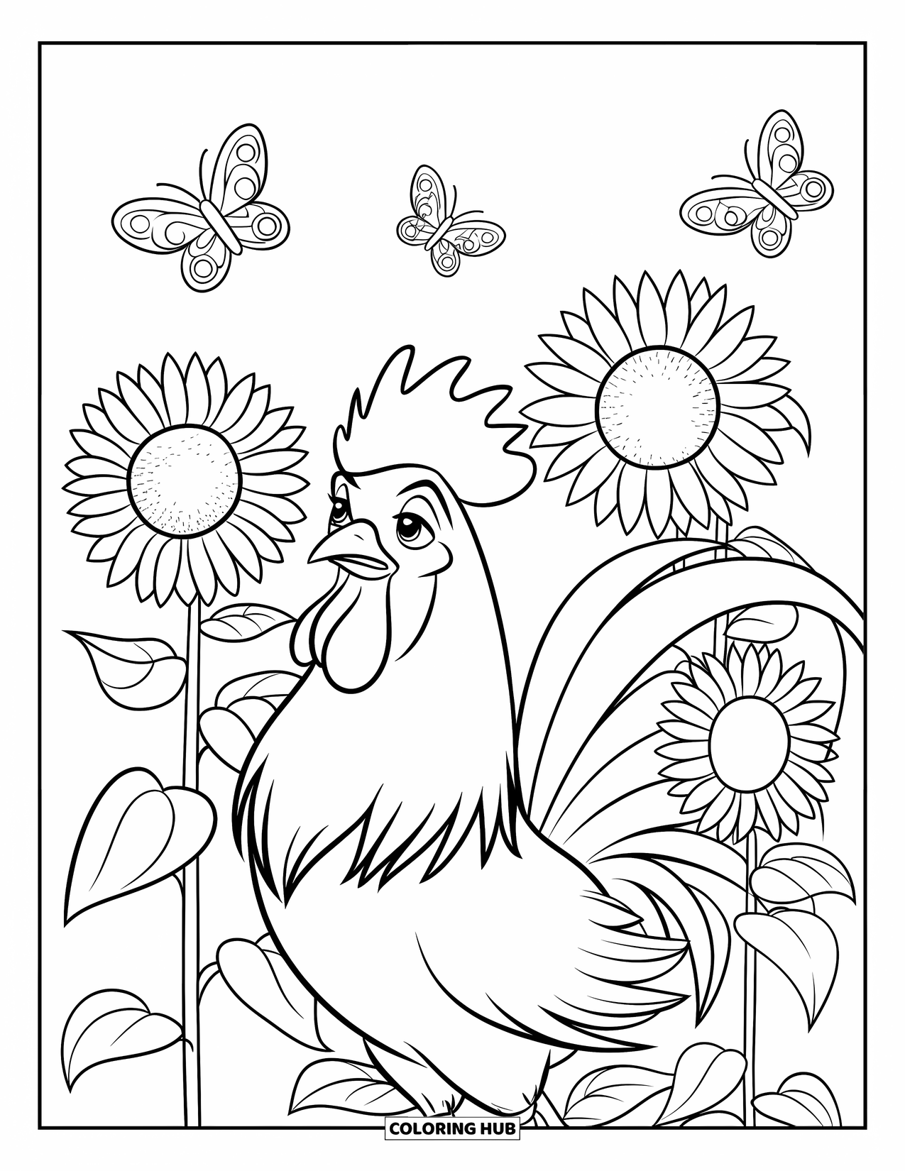Rooster Coloring Page for Kids: Rooster surrounded by tall sunflowers and fluttering butterflies