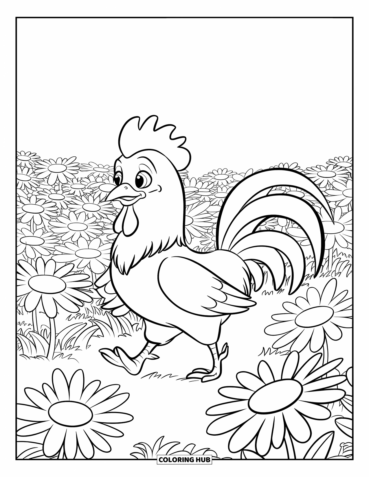 Rooster Coloring Page for Kids: Rooster walks happily among tall daisies in a sunny field