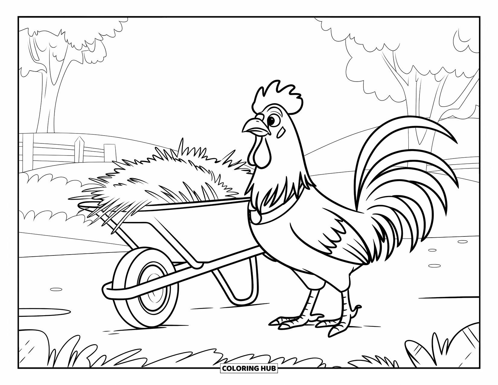 Rooster Coloring Page for Kids: Rooster wearing a collar stands beside a hay-filled wheelbarrow