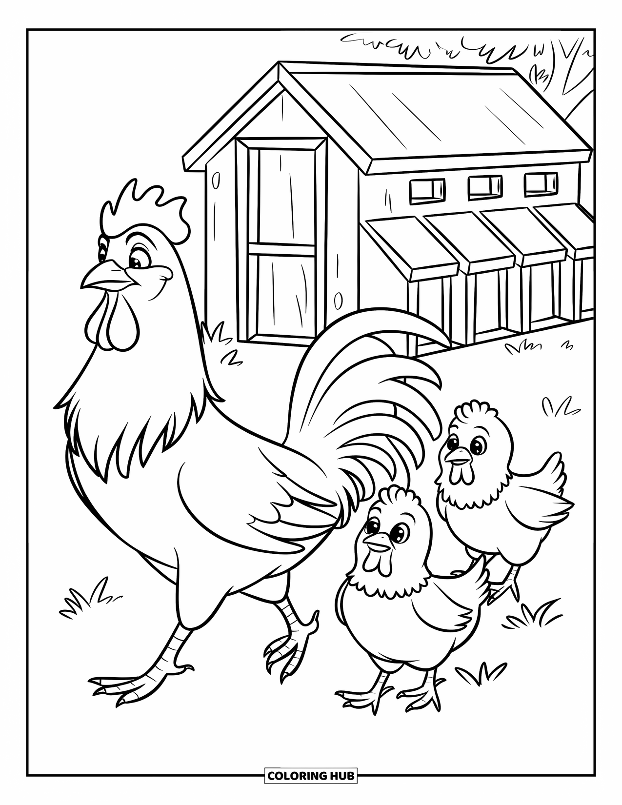 Rooster Coloring Page for Kids: Rooster with three chicks walks toward a cozy coop
