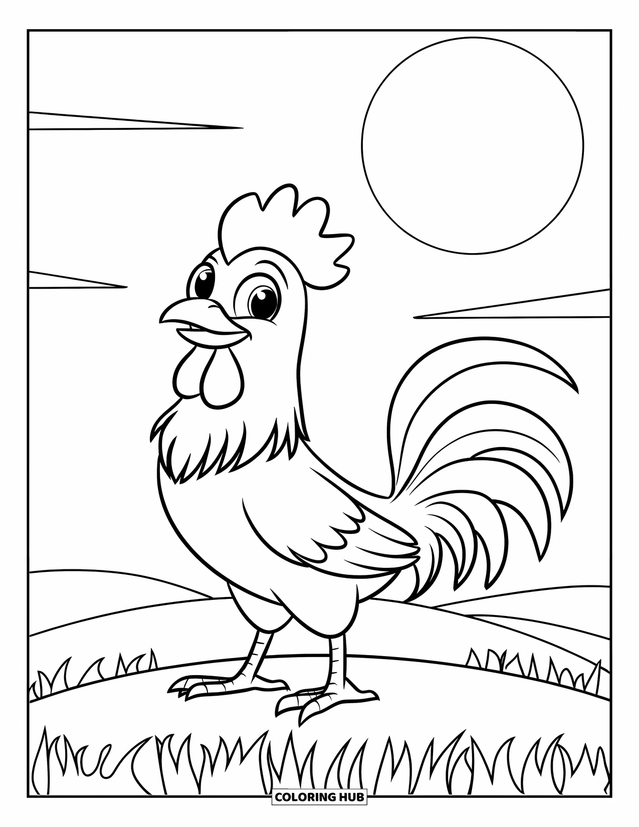 Rooster Coloring Page for Kids: Smiling rooster stands on a grassy hill with a big sun overhead