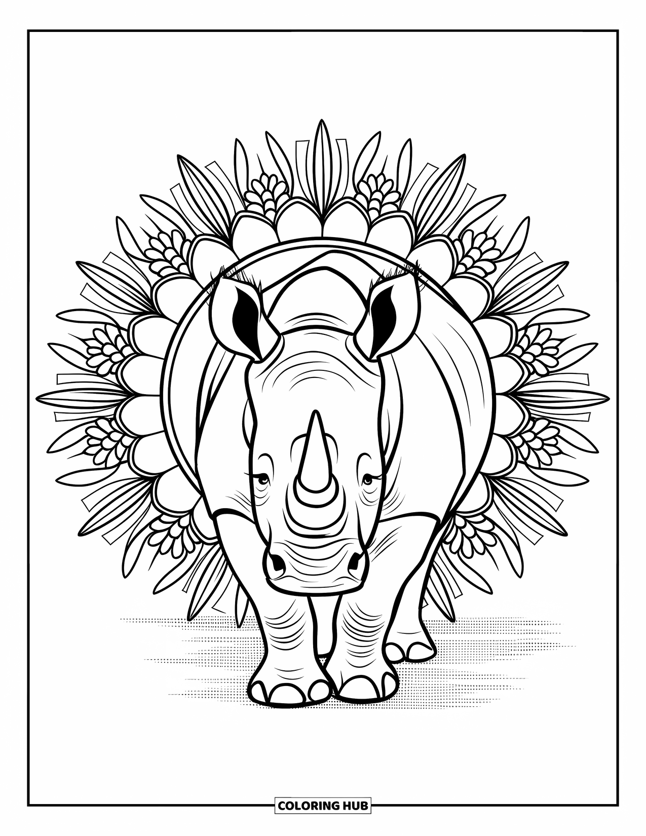 Safari Coloring Page for Adults: A calm rhino stands still in the center of swirling flora-inspired mandalas