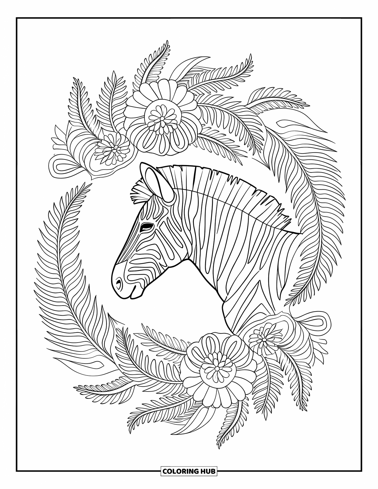 Safari Coloring Page for Adults: A calm zebra stands in profile among swirling ferns and layered floral mandalas