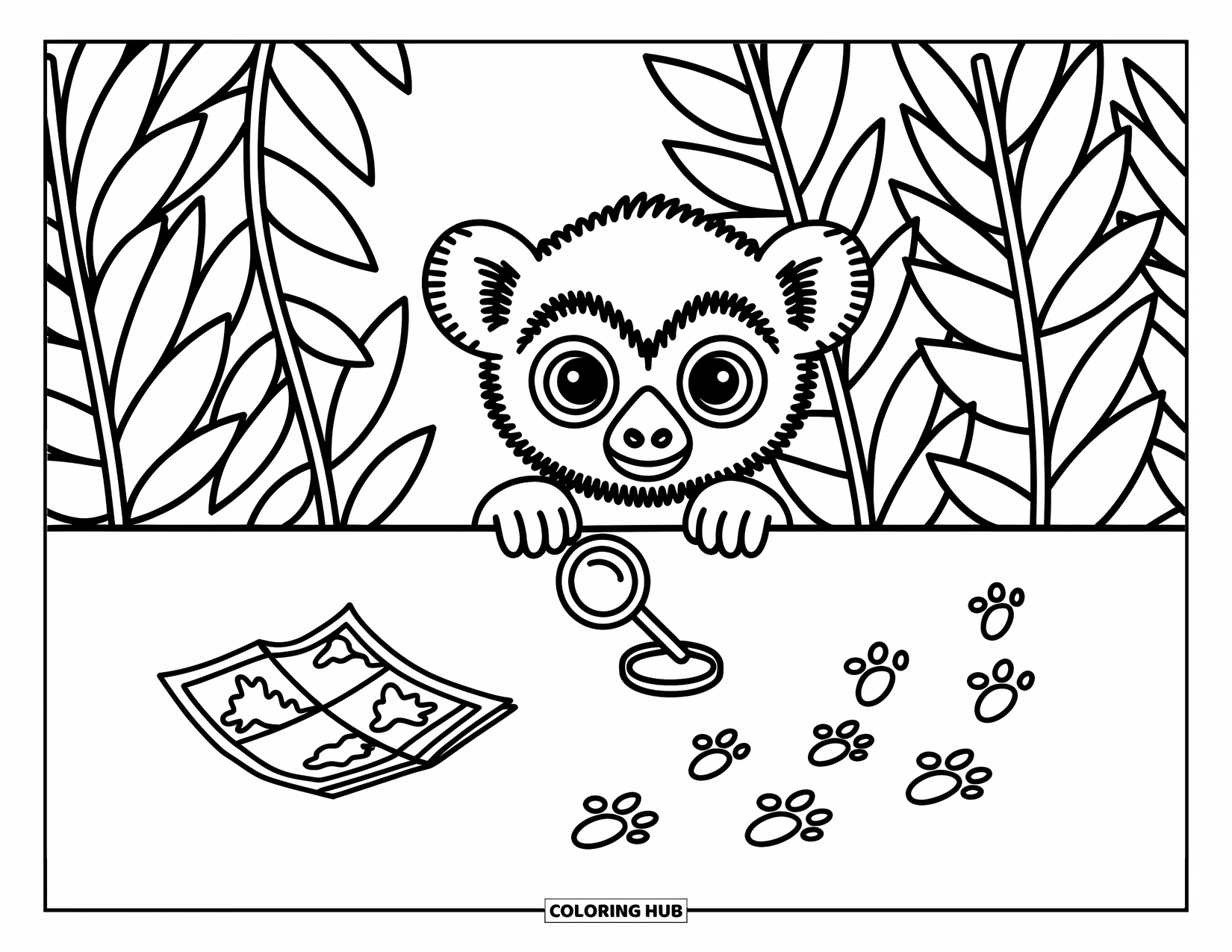 Safari Coloring Page for Adults: A curious lemur peeks through jungle ferns holding a tiny magnifying glass