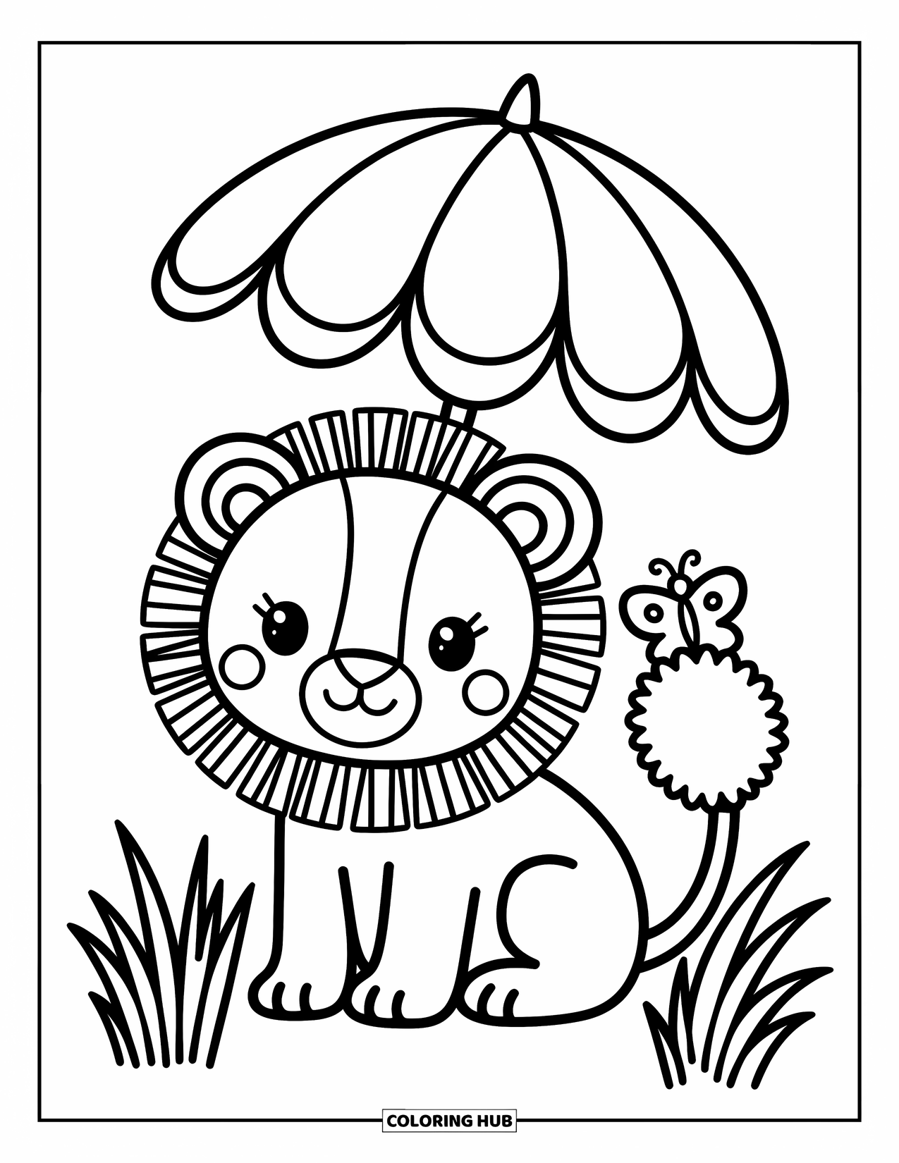 Safari Coloring Page for Adults: A cute lion rests under an acacia tree with a butterfly on its tail