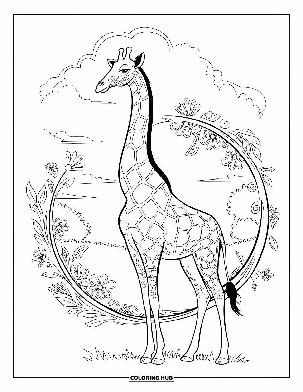 Safari Coloring Page for Adults: A giraffe stands among flowers and leaves with a peaceful sky in the background