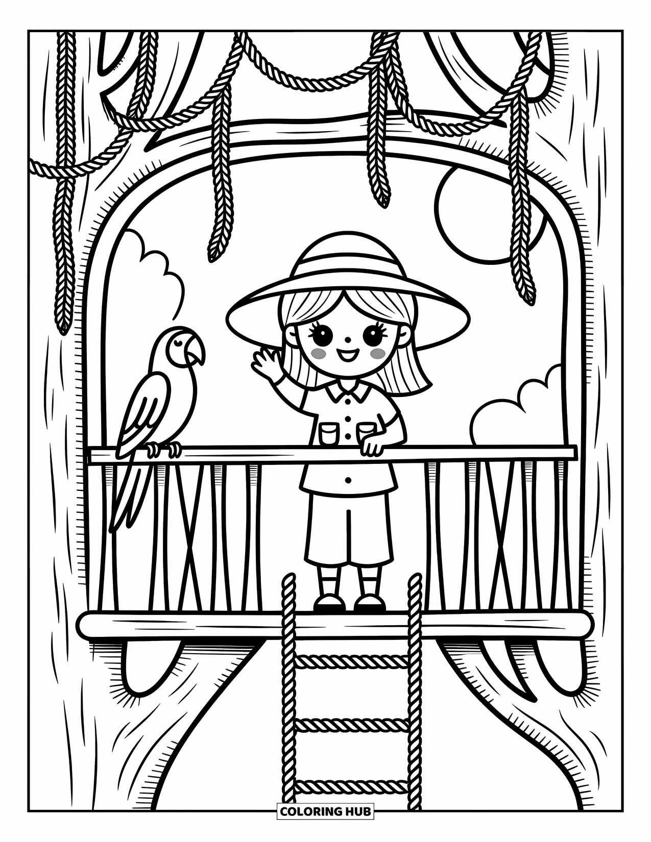 Safari Coloring Page for Adults: A girl safari guide waves from a cozy treehouse with vines and a perched parrot