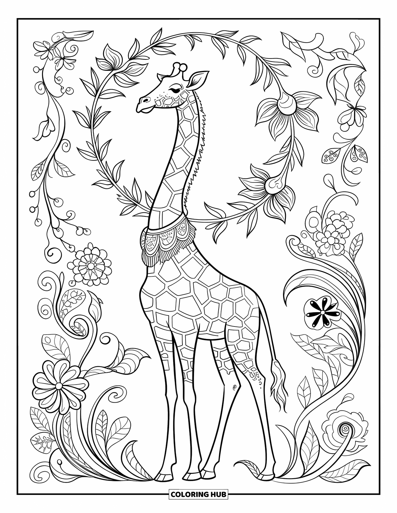 Safari Coloring Page for Adults: A graceful giraffe in a fancy collar is surrounded by leaf and vine motifs