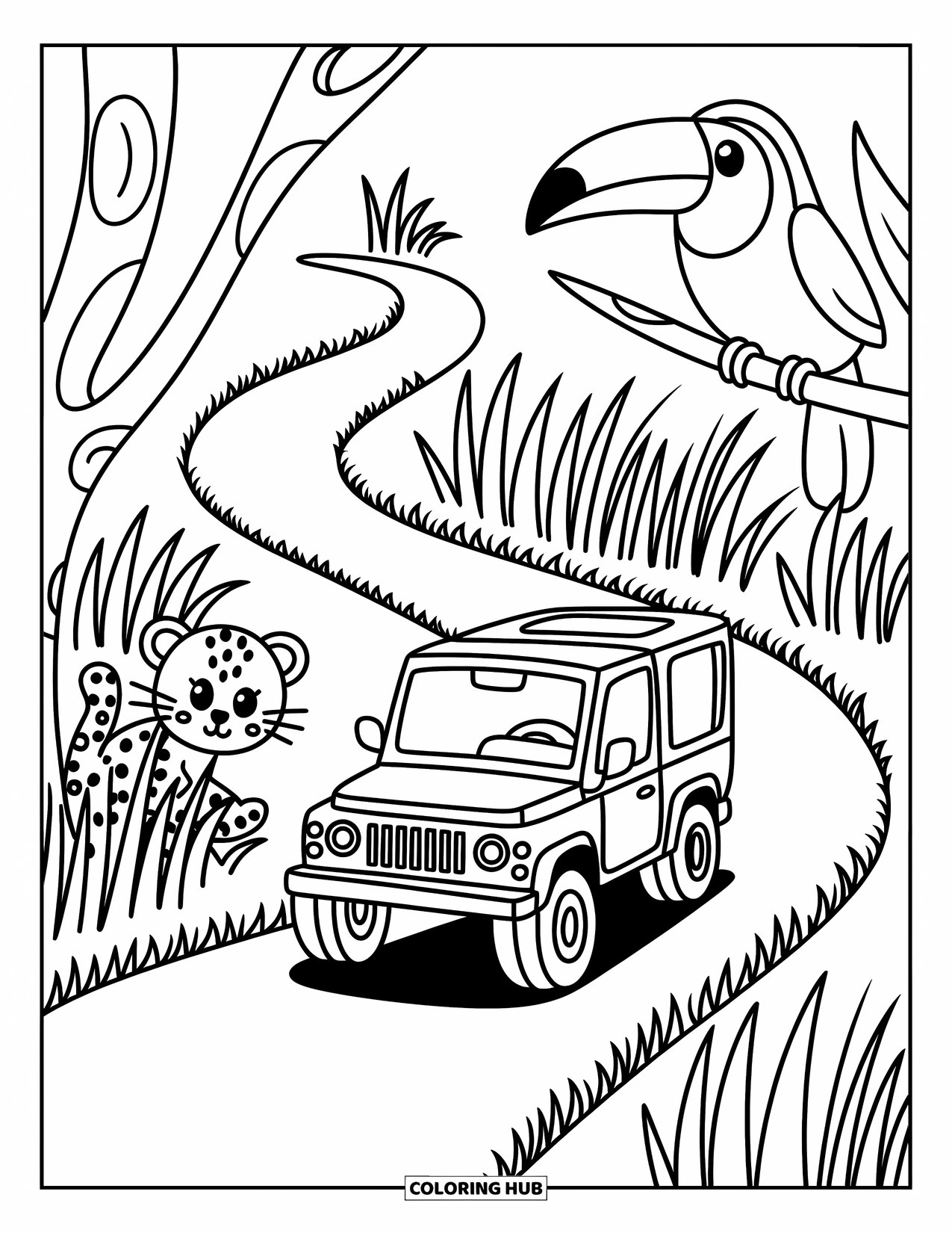 Safari Coloring Page for Adults: A mini safari jeep passes by as a toucan watches and a leopard peeks behind a tree