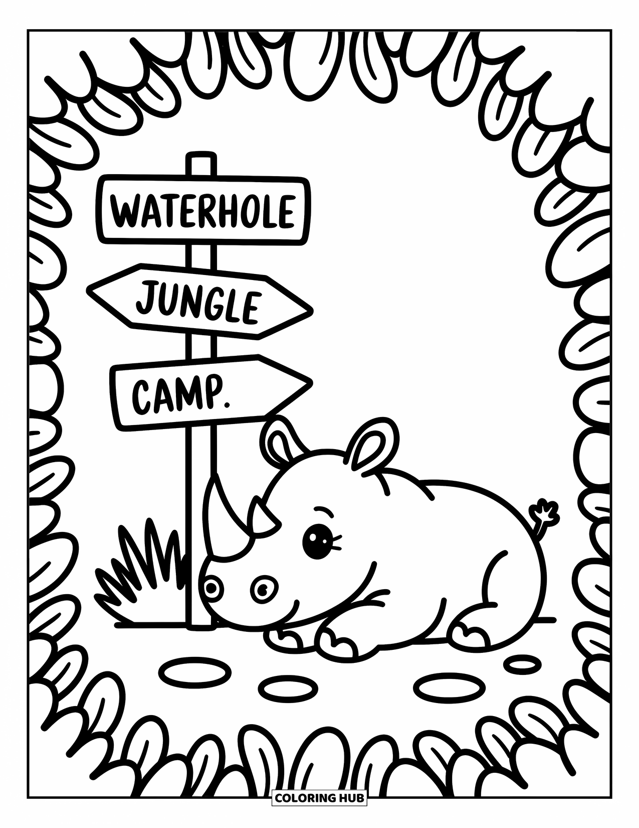 Safari Coloring Page for Adults: A peaceful rhino sits near a signpost with arrows pointing to jungle and camp
