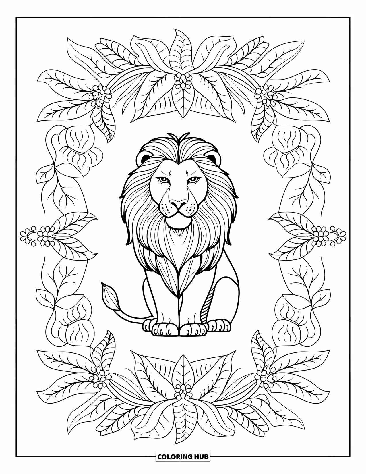 Safari Coloring Page for Adults: A powerful lion rests in the center of a leafy mandala with vines and blooms