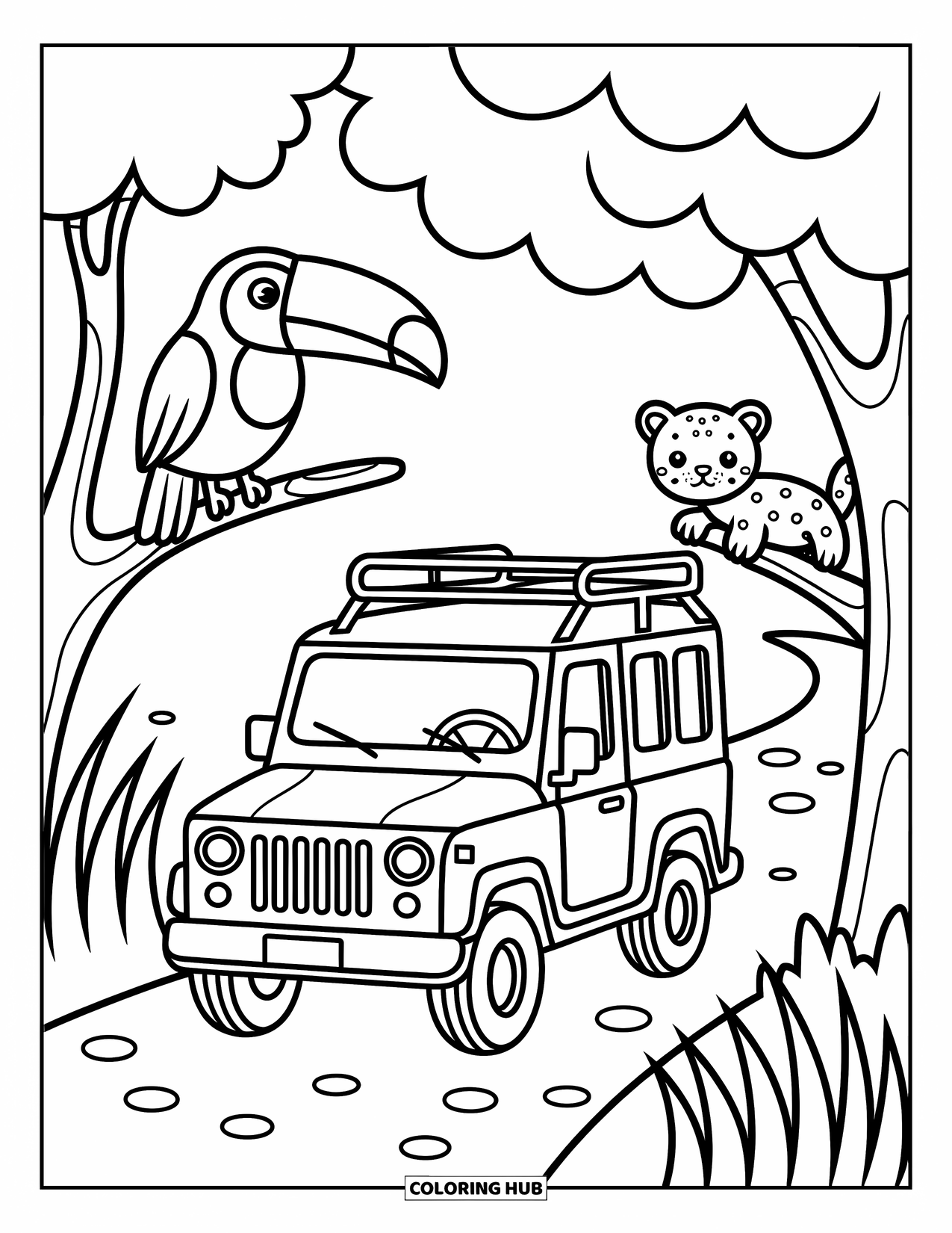 Safari Coloring Page for Adults: A safari jeep drives down a dirt path with a toucan and leopard in the scene