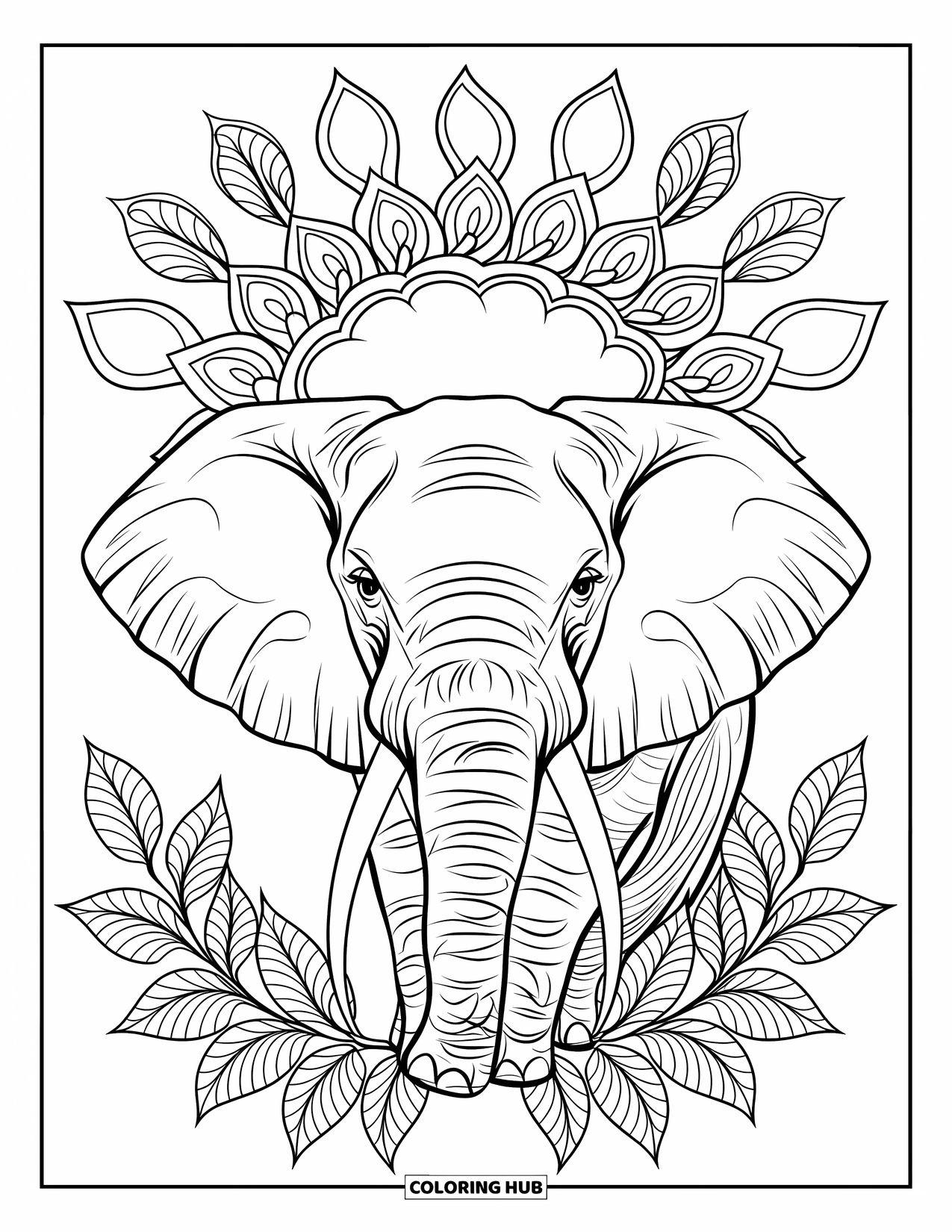 Safari Coloring Page for Adults: A serene elephant with a raised trunk is framed by mandala petals and leaves