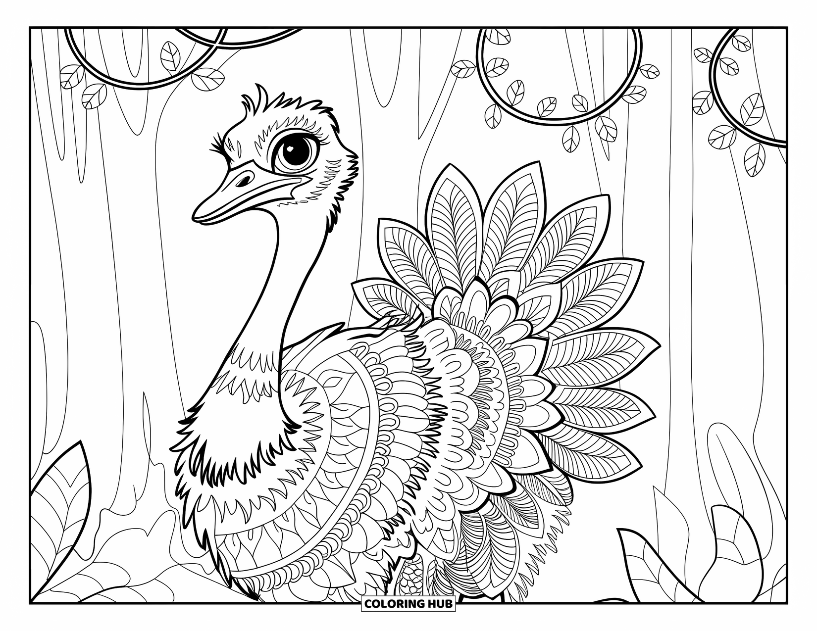 Safari Coloring Page for Adults: A side-facing ostrich shows off mandala feathers wrapped in jungle vines and trees