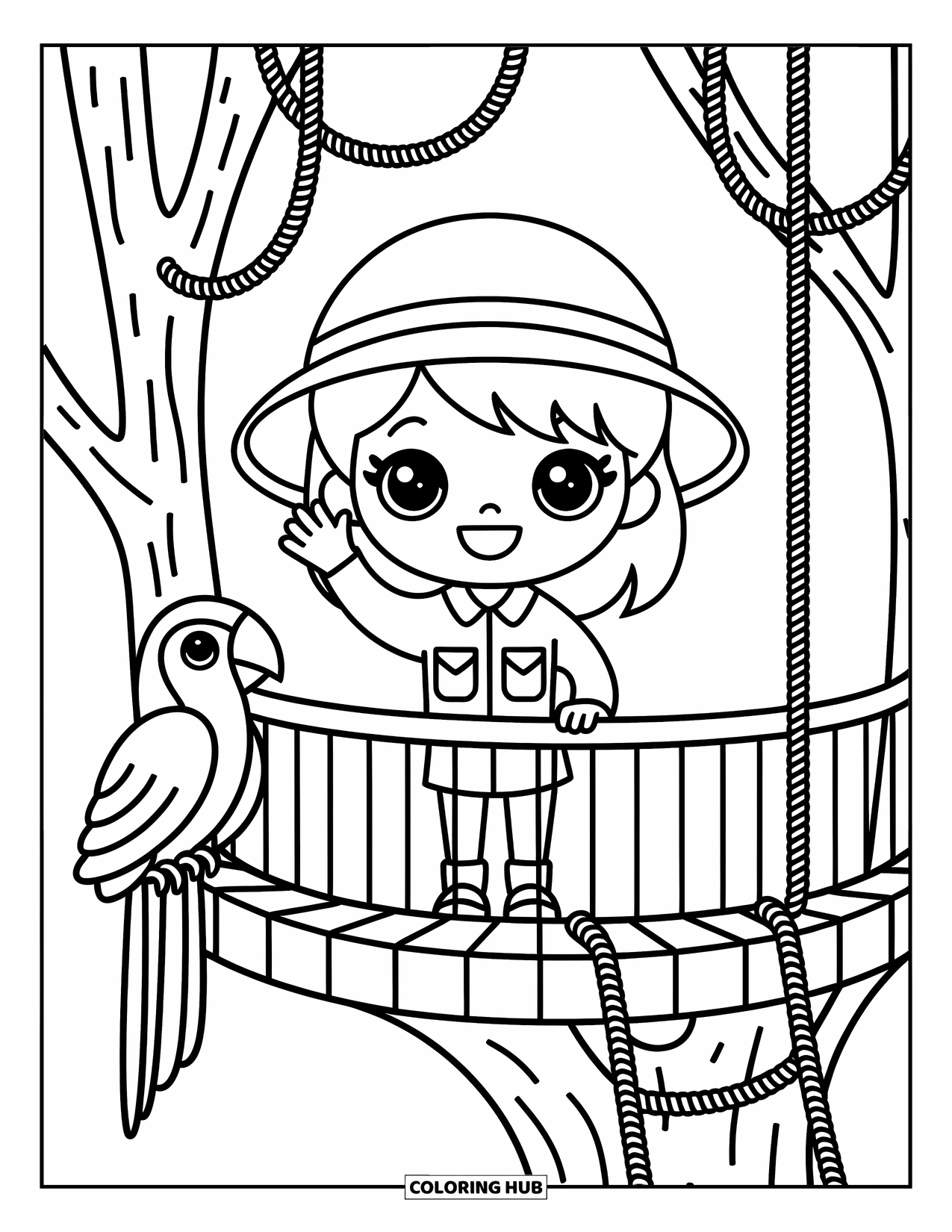 Safari Coloring Page for Adults: A smiling girl waves from a treehouse lookout with a parrot by her side