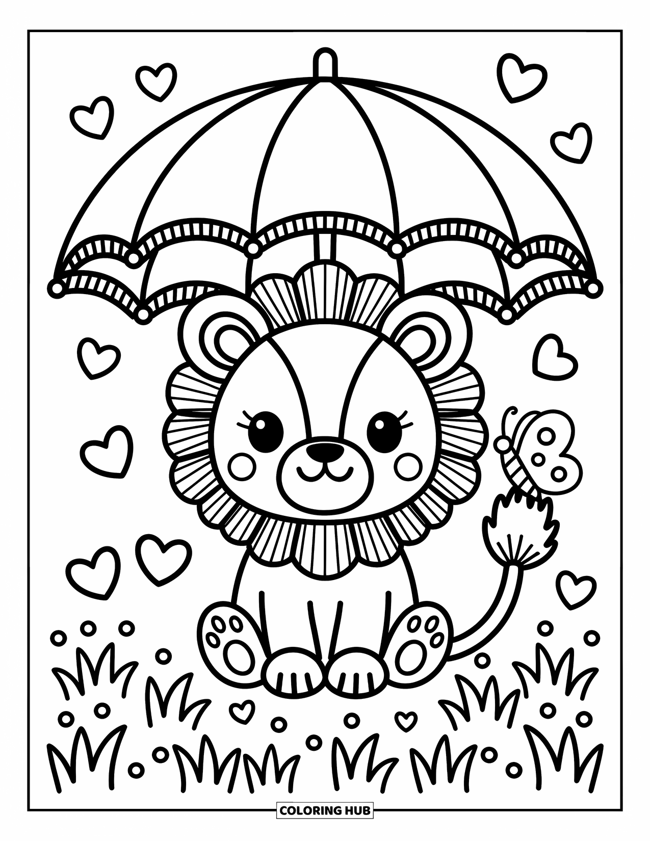 Safari Coloring Page for Adults: A sweet lion relaxes under an umbrella tree with tufts of grass and a butterfly