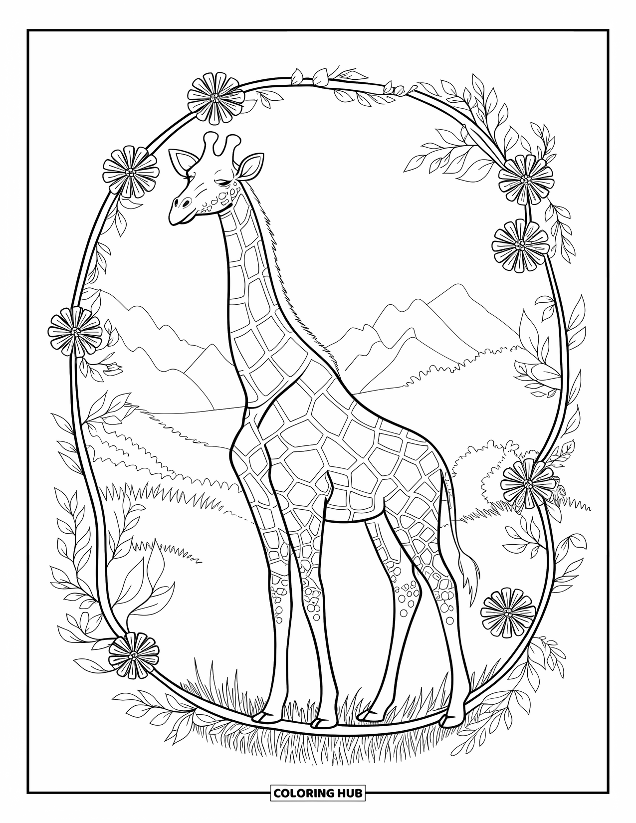 Safari Coloring Page for Adults: A tall giraffe stands on grass with spiraling vines and flower patterns around it
