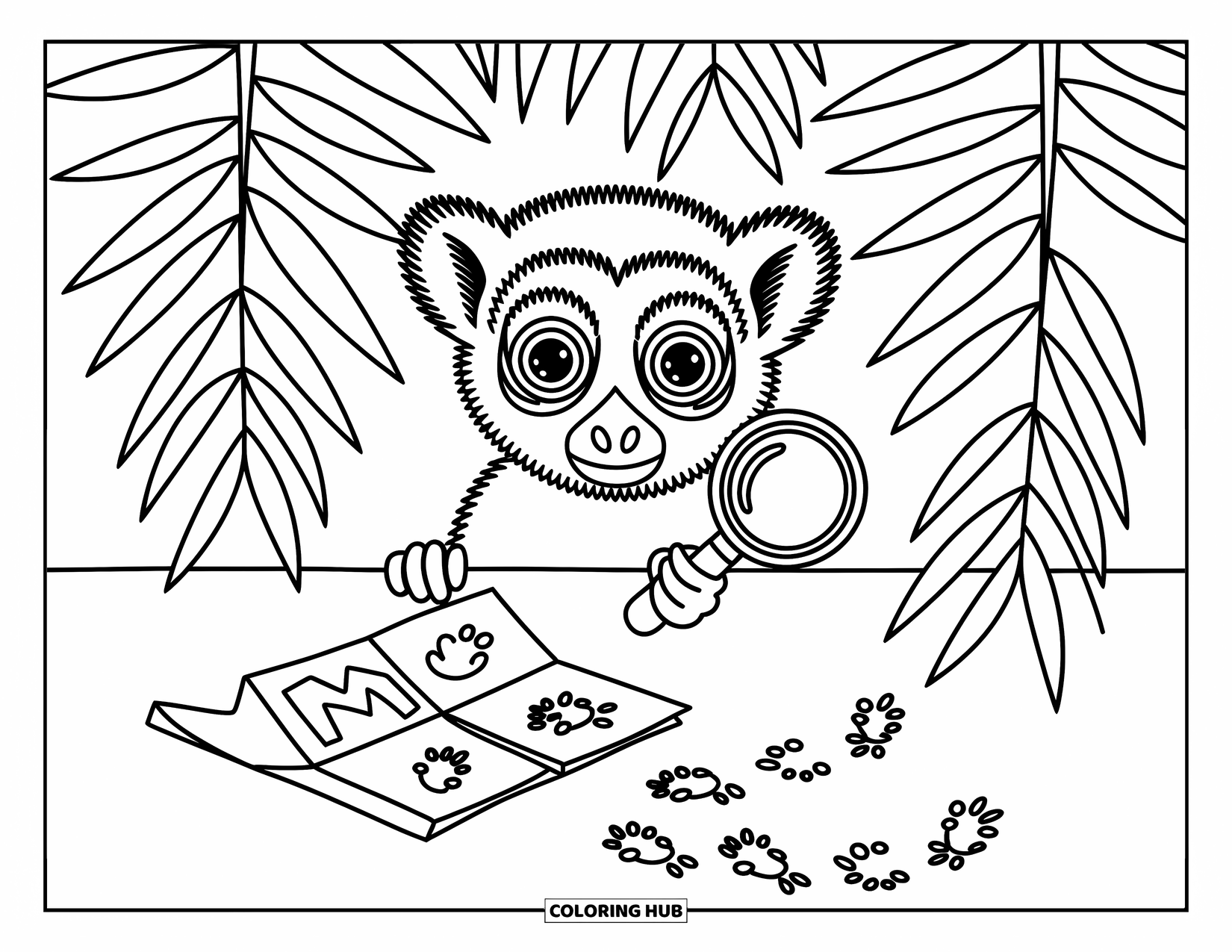 Safari Coloring Page for Adults: A wide-eyed lemur explores with a magnifying glass near tiny prints and a trail map