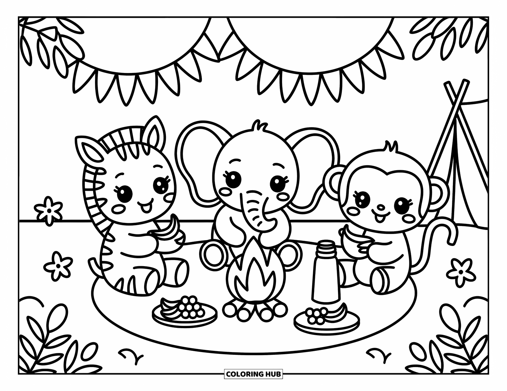 Safari Coloring Page for Adults: A zebra, elephant, and monkey enjoy a picnic near a cozy tent and campfire