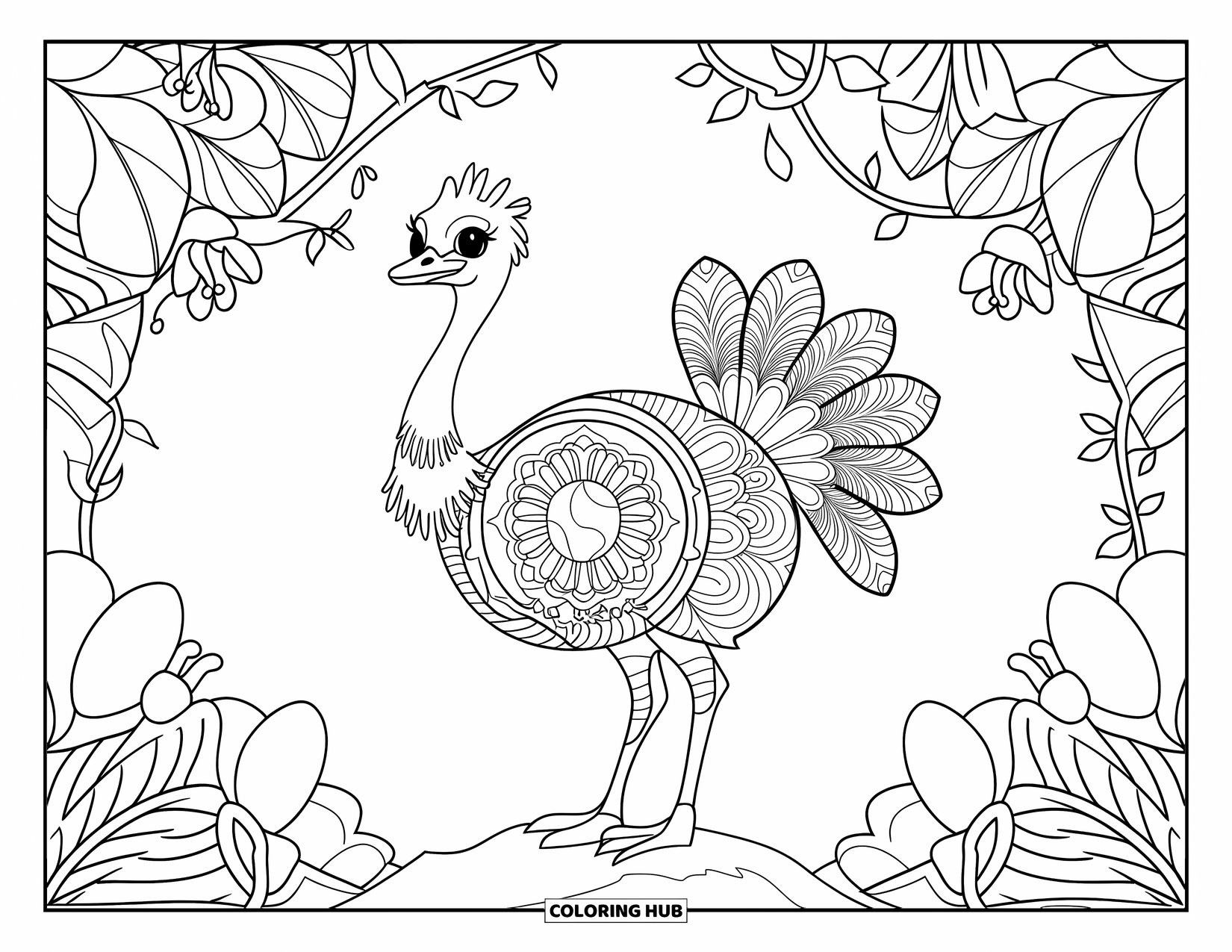 Safari Coloring Page for Adults: An alert ostrich stands on a rock surrounded by jungle blooms and patterned feathers