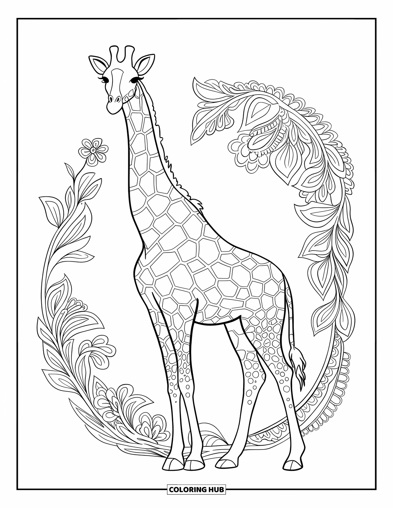 Safari Coloring Page for Adults: An elegant giraffe stands tall within spiraling vines and delicate floral patterns