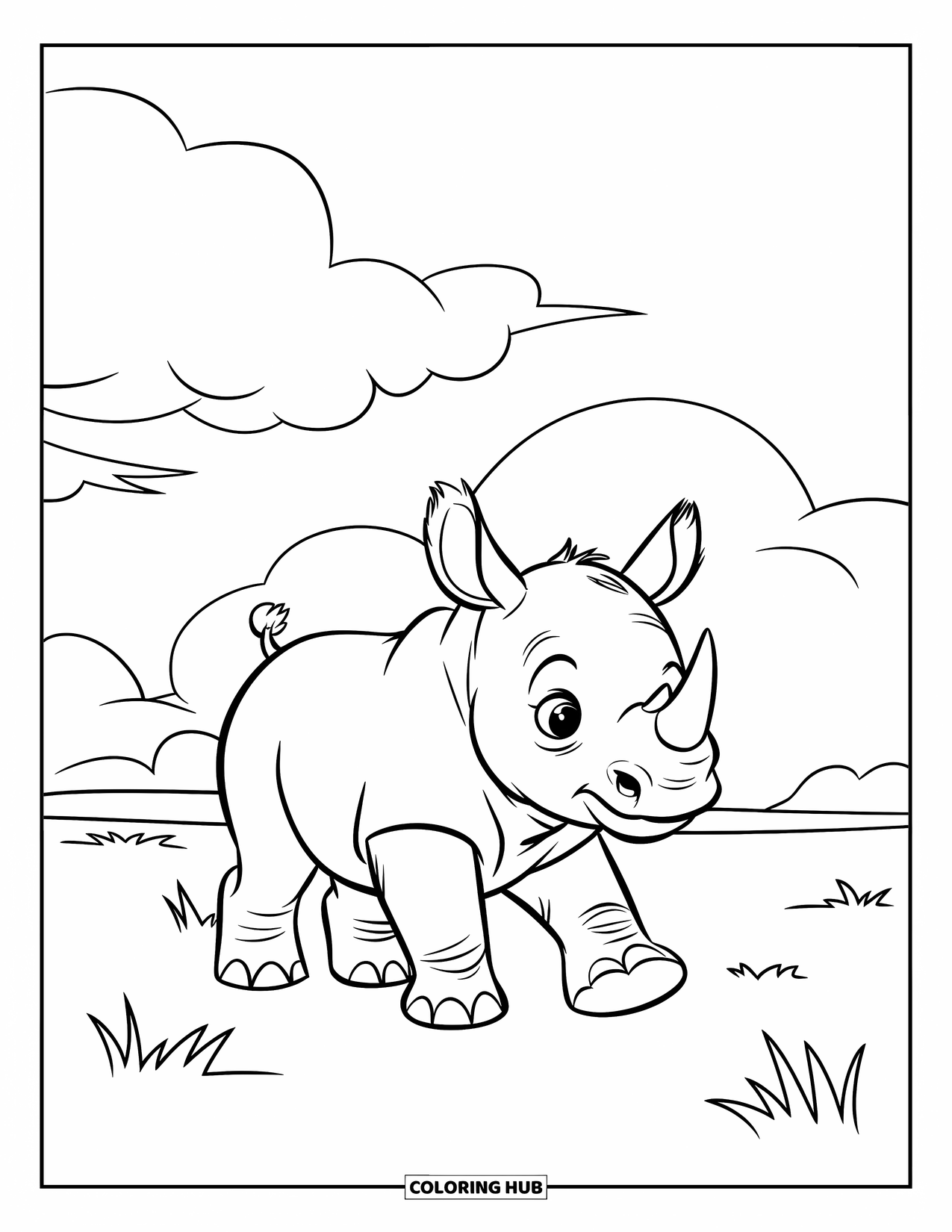 Safari Coloring Page for Kids: A baby rhino walks alone on a grassy field under fluffy clouds