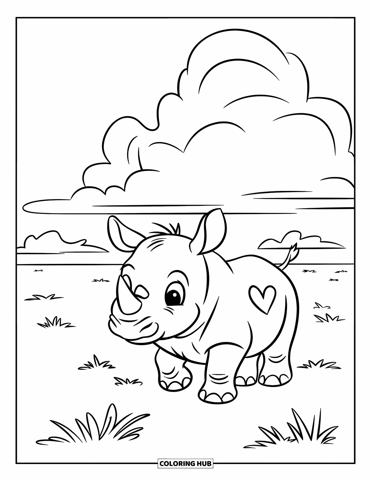 Safari Coloring Page for Kids: A baby rhino with a heart mark walks beneath a big cloudy sky