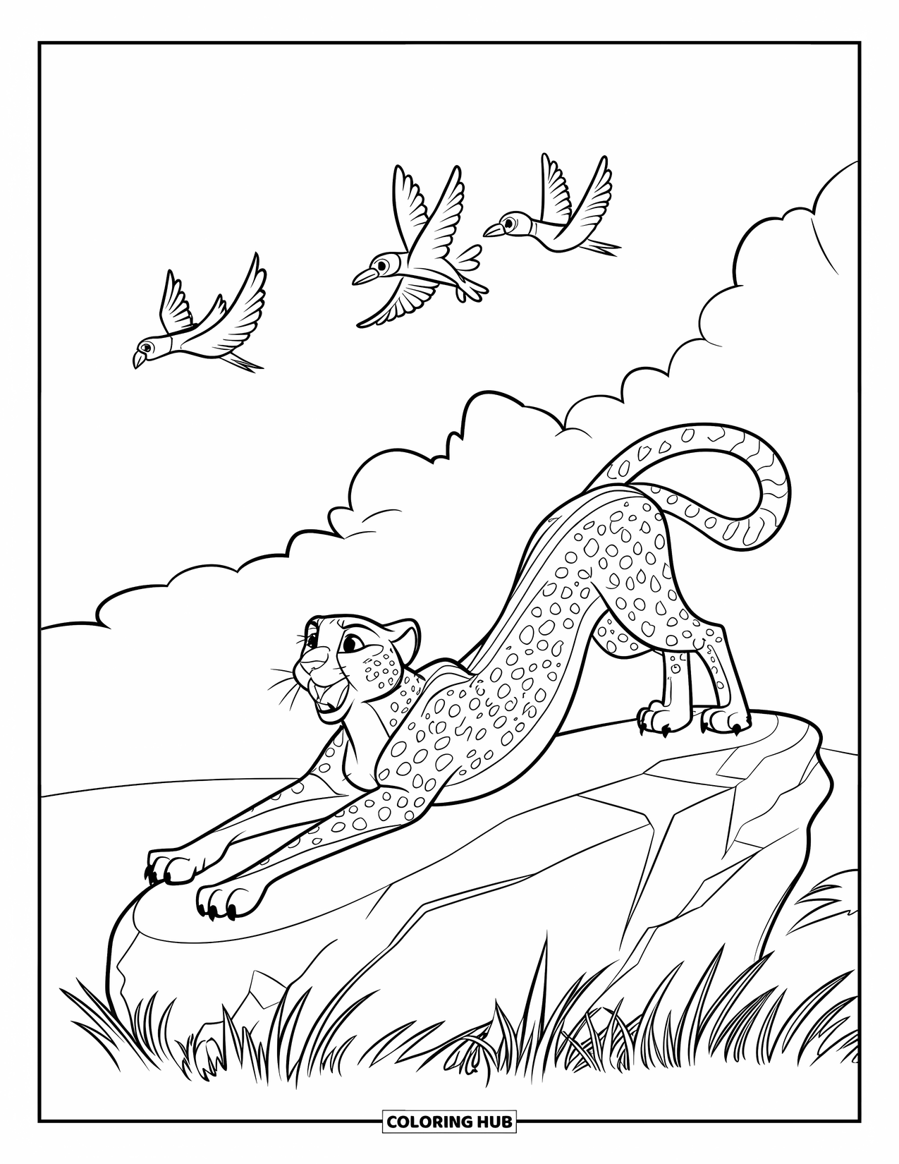 Safari Coloring Page for Kids: A cheetah stretches wide on a rock as birds soar in formation
