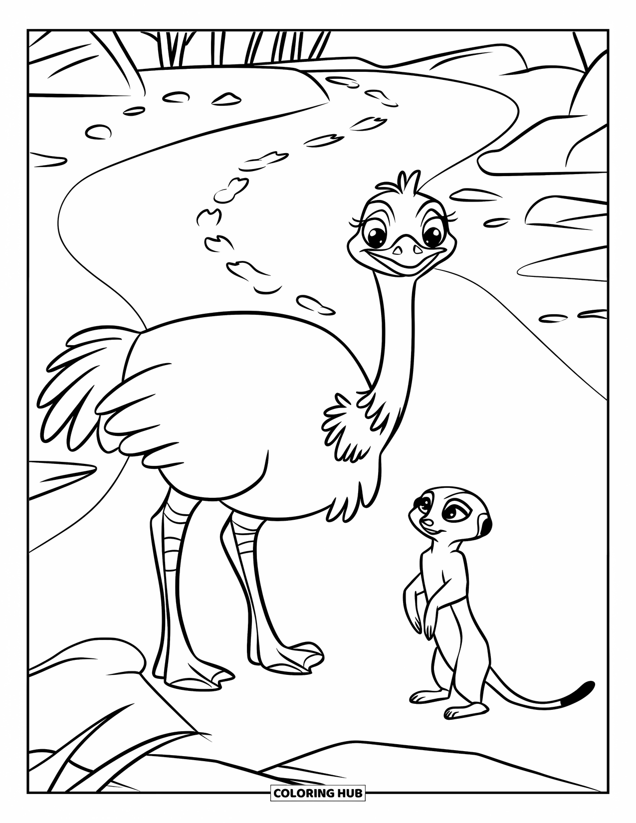 Safari Coloring Page for Kids: A curious ostrich and meerkat perch near footprints along a dusty trail