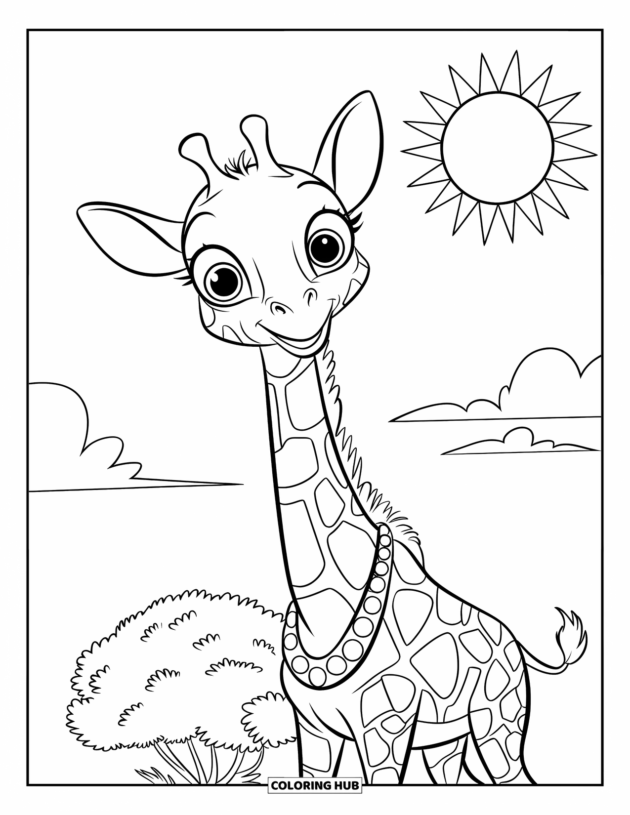 Safari Coloring Page for Kids: A giraffe with a necklace stands near a leafy bush and blue sky