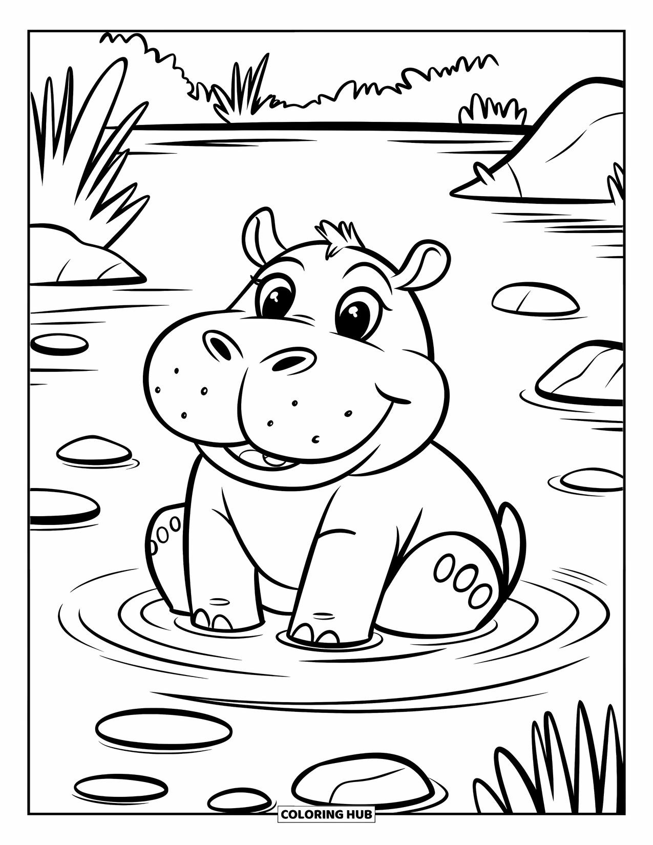 Safari Coloring Page for Kids: A happy hippo rests in the lake with rocks and plants