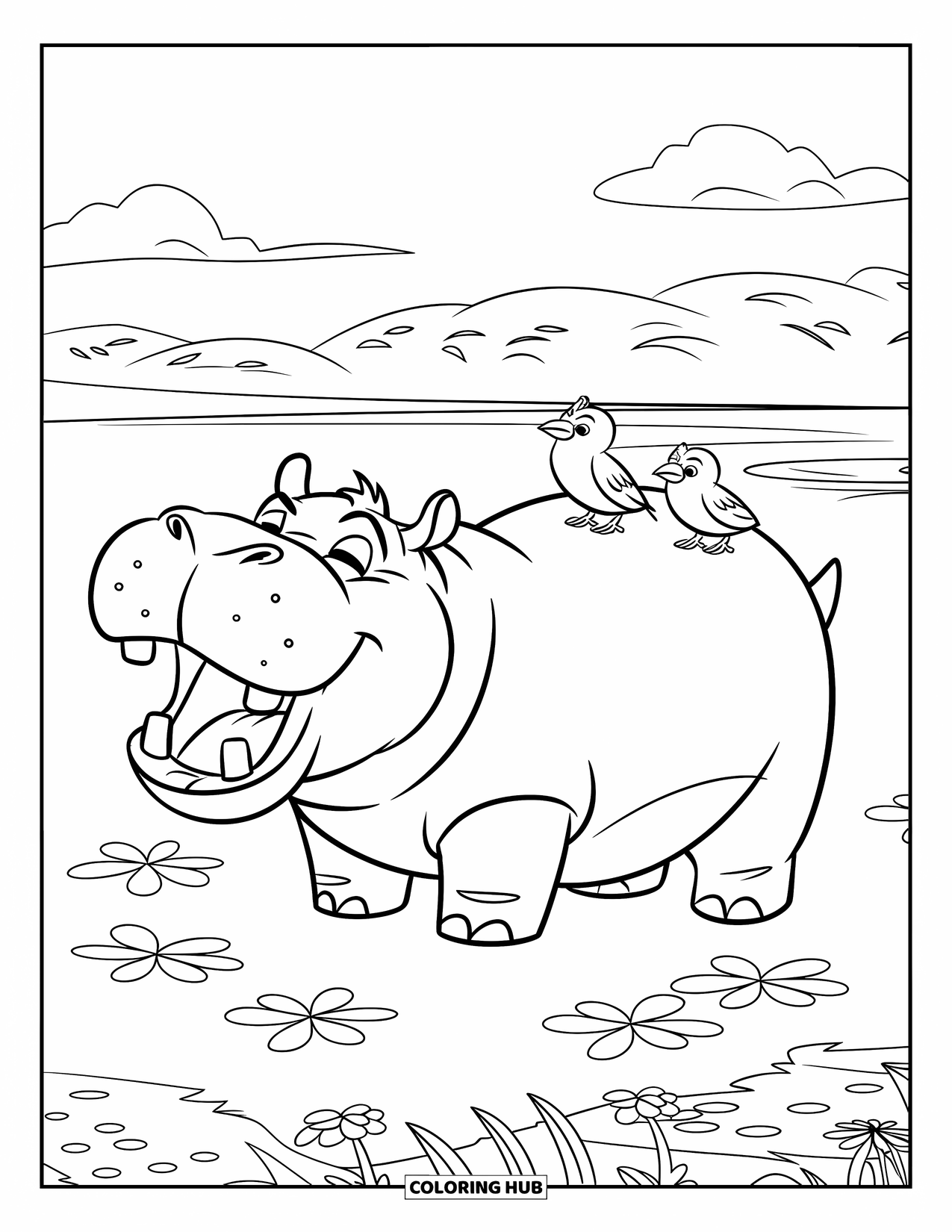 Safari Coloring Page for Kids: A hippo yawns as two birds rest on its back near the water