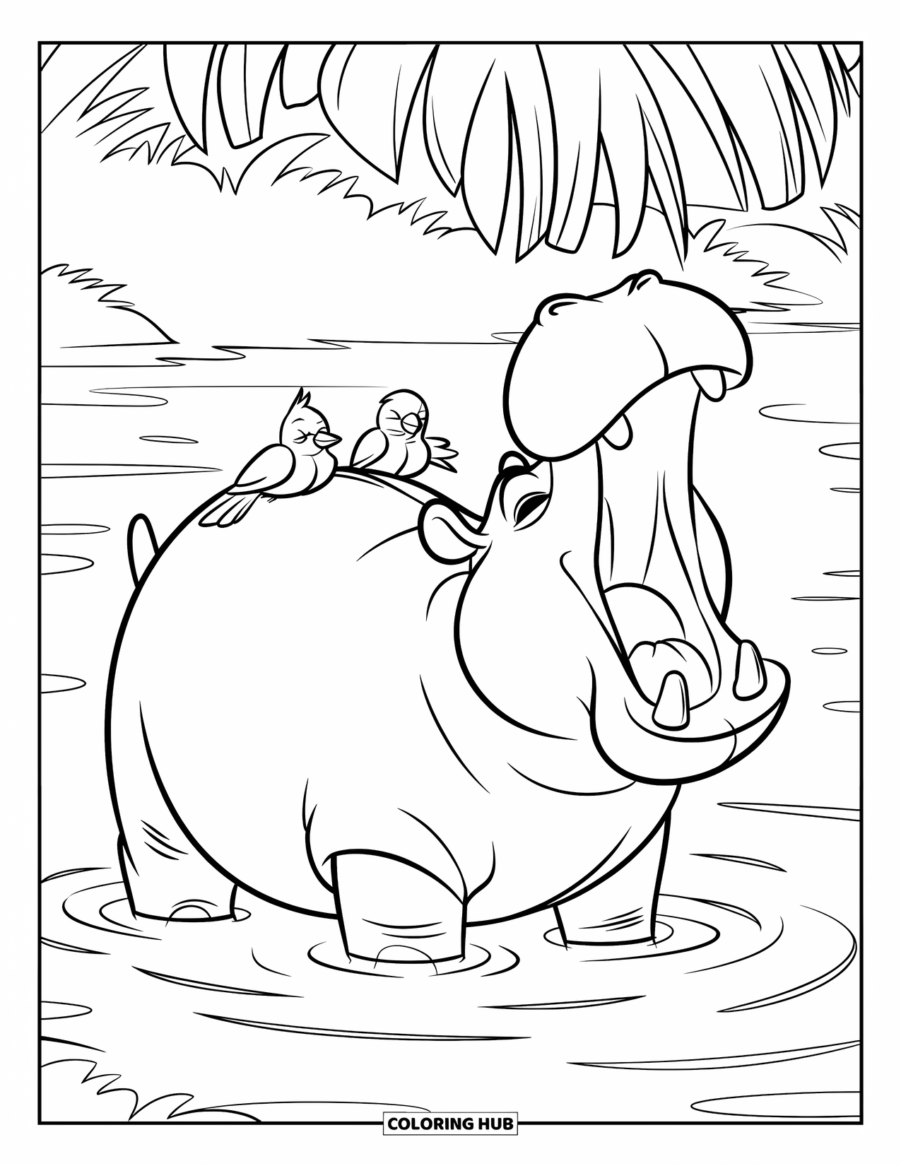 Safari Coloring Page for Kids: A hippo yawns in water as birds nap on its back