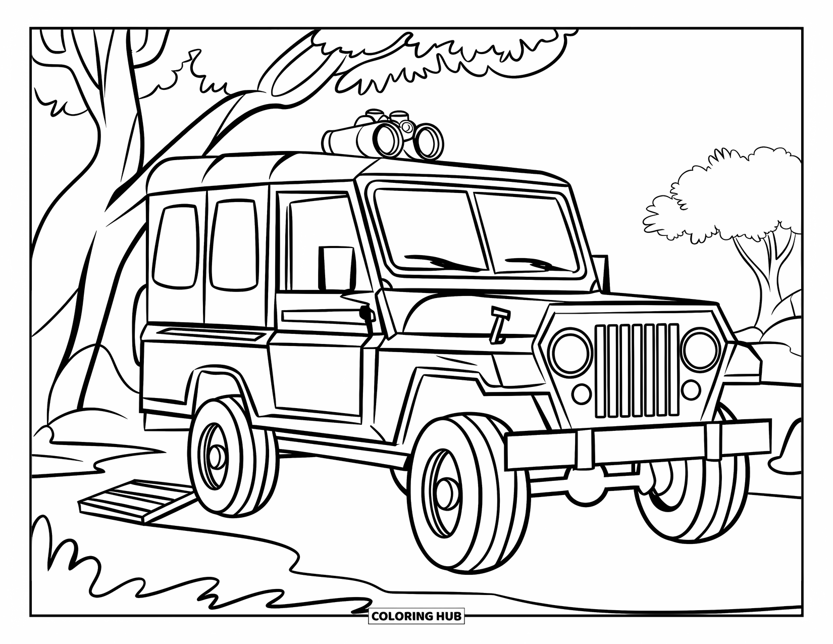 Safari Coloring Page for Kids: A jeep with binoculars and a ramp sits near trees and rocks