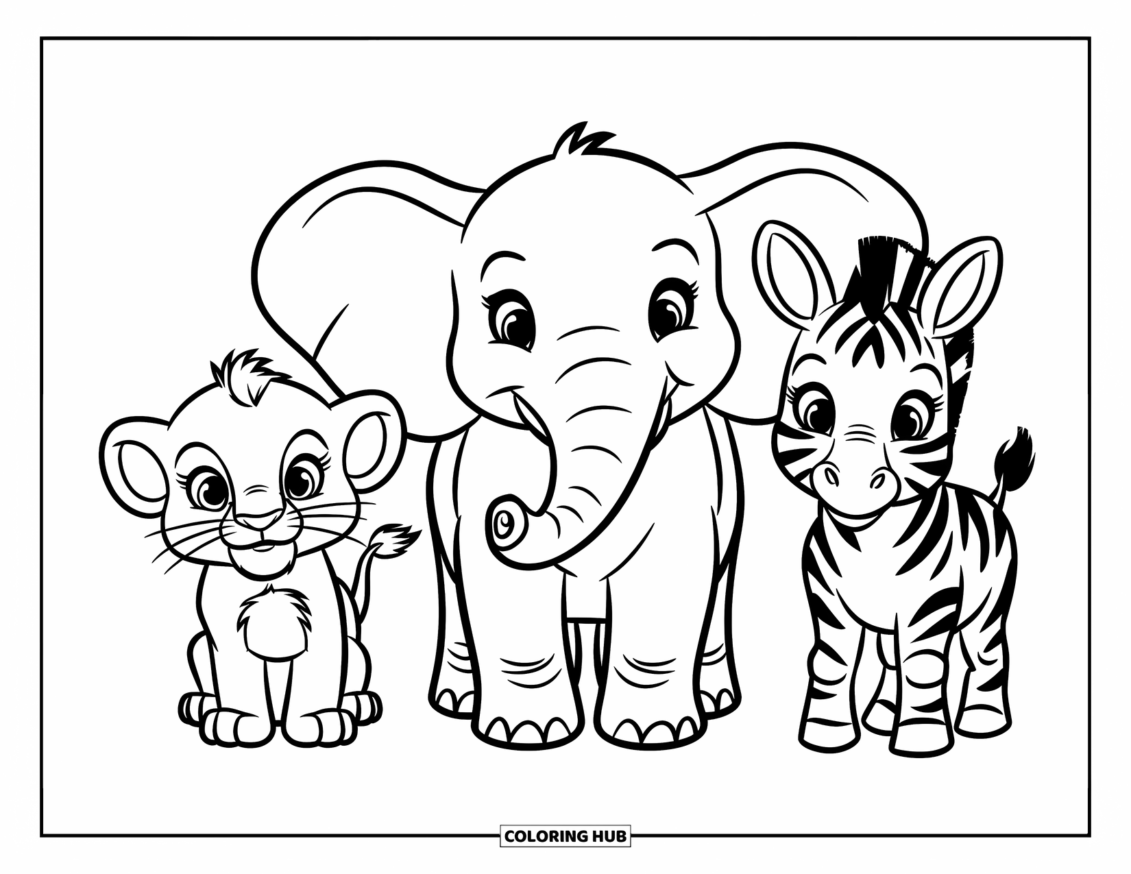 Safari Coloring Page for Kids: A lion, elephant, and zebra cub stand together with big round ears
