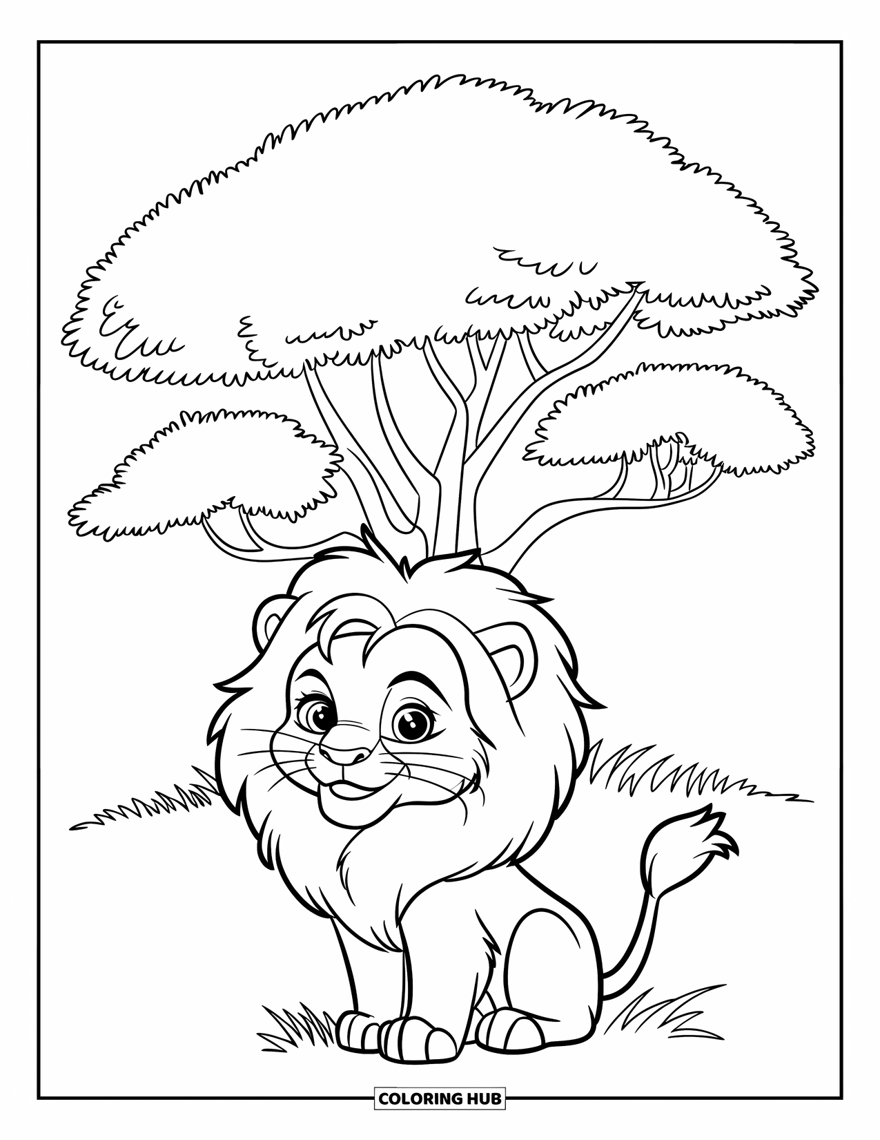 Safari Coloring Page for Kids: A lion in a hat sits in the grass with a playful look