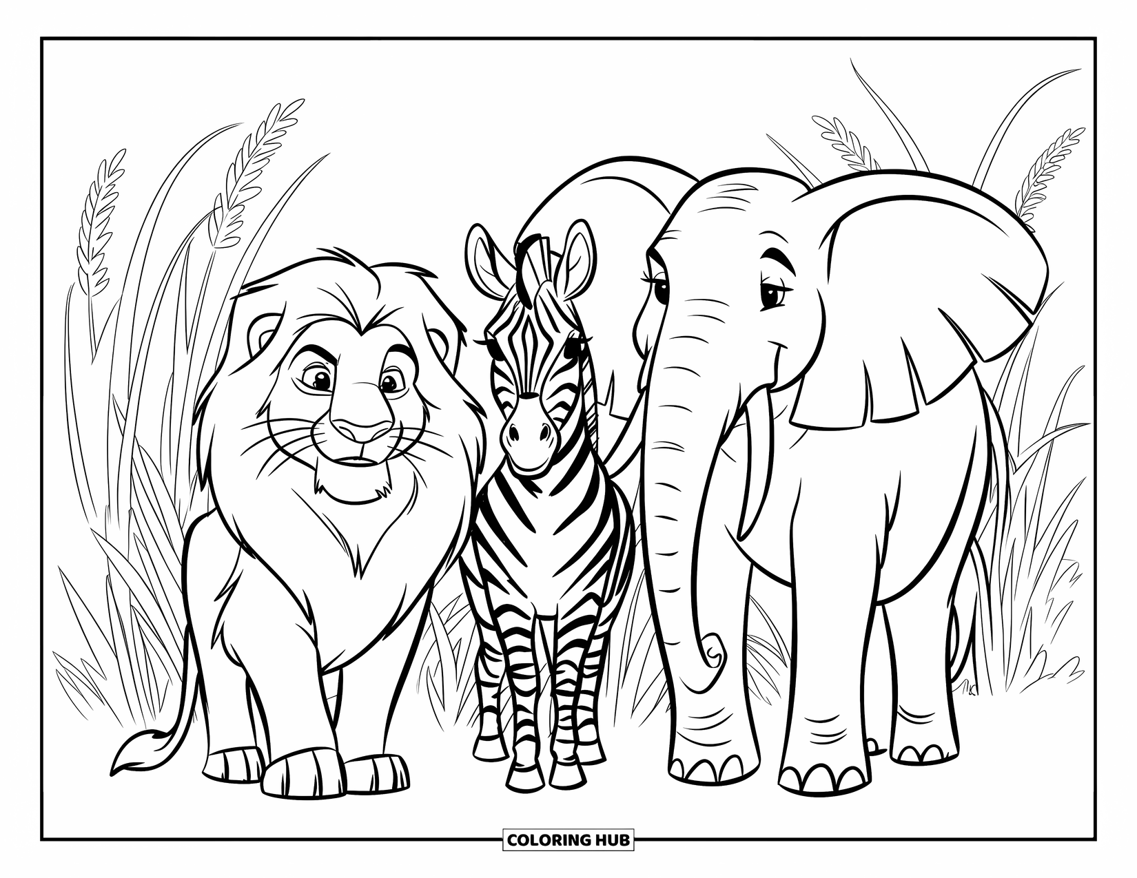 Safari Coloring Page for Kids: A lion, zebra, and elephant stand calmly in the tall savannah grass