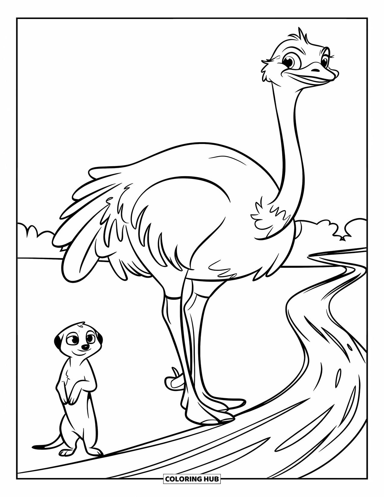 Safari Coloring Page for Kids: A meerkat and ostrich stand beside a dusty trail on the safari