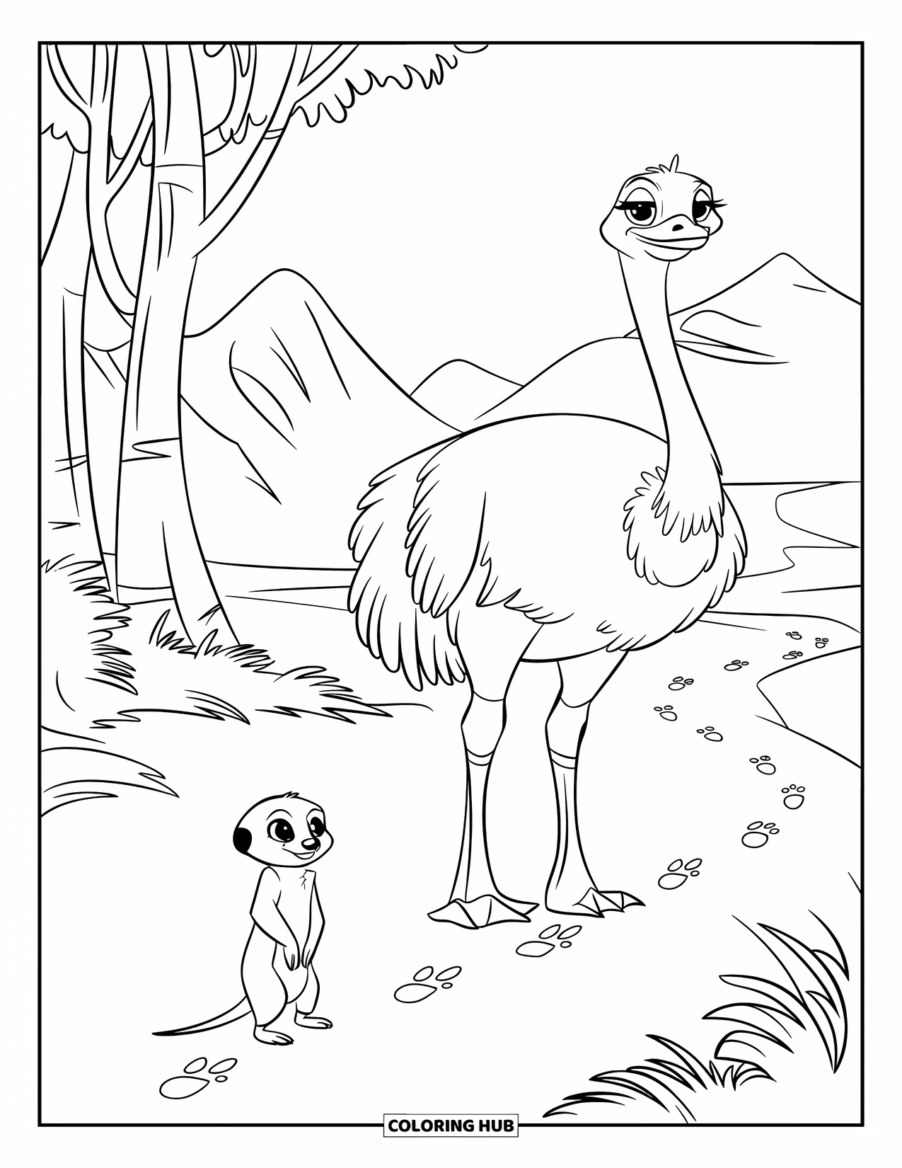 Safari Coloring Page for Kids: A meerkat and ostrich stand near footprints on a dusty safari path