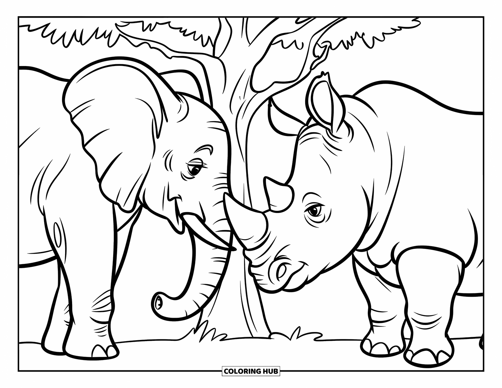 Safari Coloring Page for Kids: A rhino and elephant touch noses beside a tree on the plain